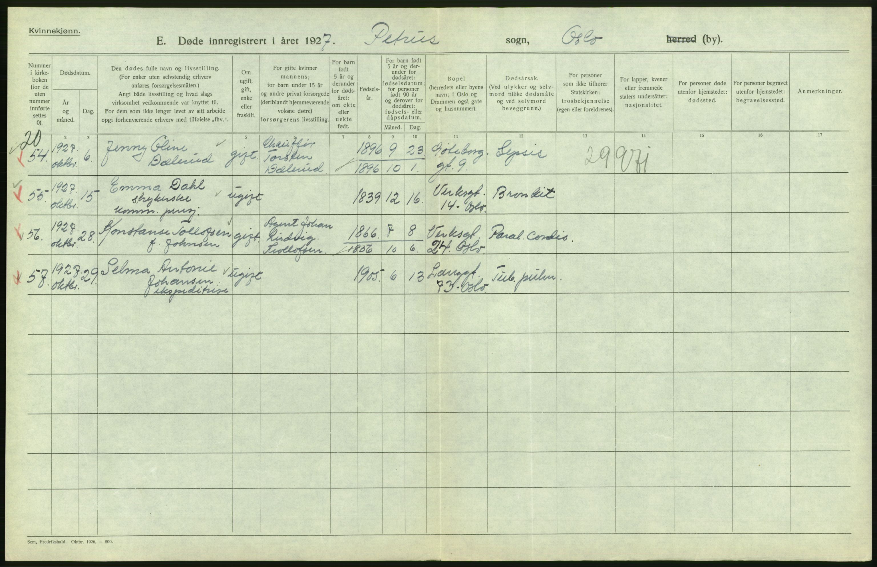 Statistisk sentralbyrå, Sosiodemografiske emner, Befolkning, AV/RA-S-2228/D/Df/Dfc/Dfcg/L0010: Oslo: Døde kvinner, dødfødte, 1927, s. 422