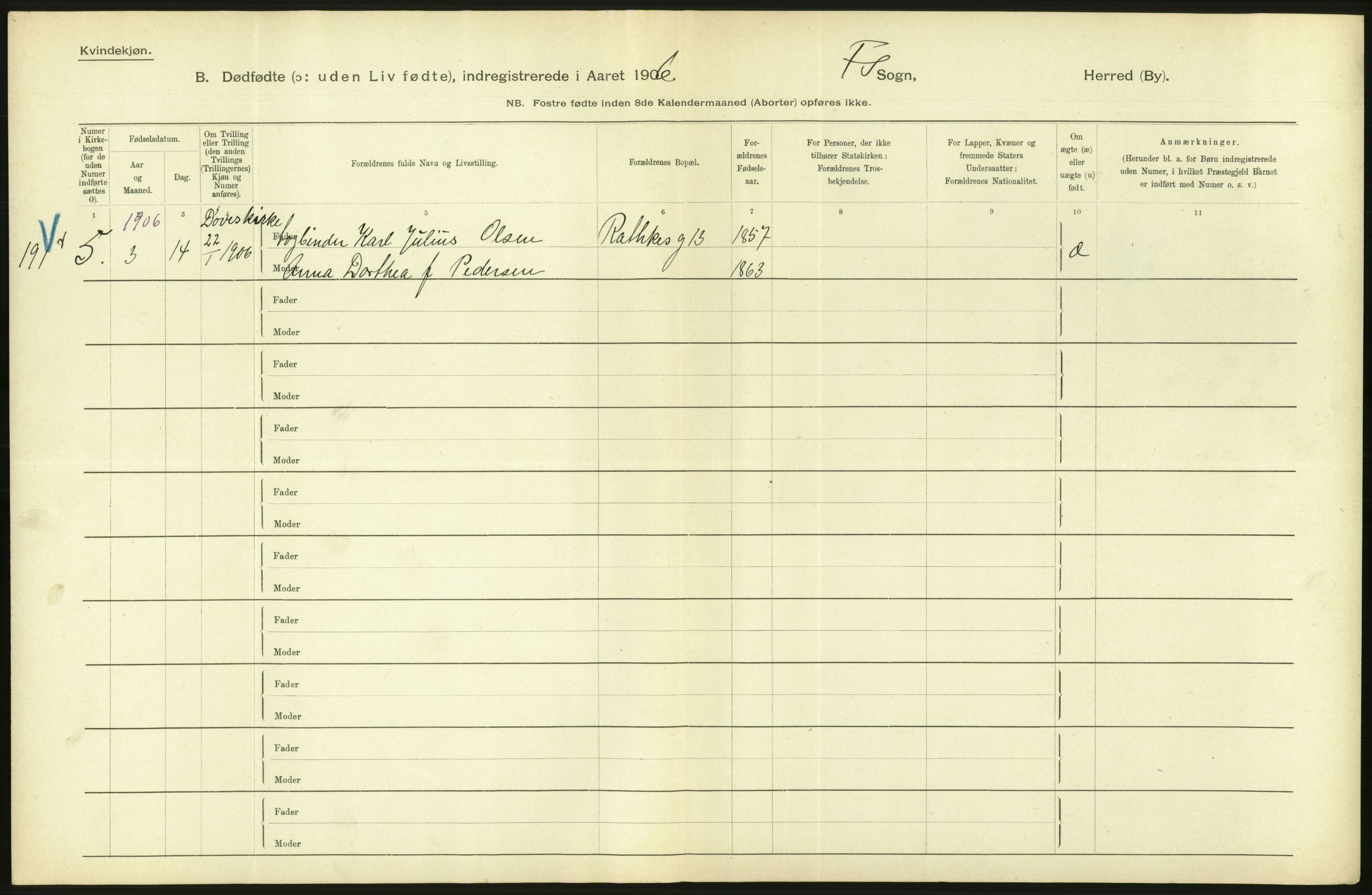 Statistisk sentralbyrå, Sosiodemografiske emner, Befolkning, RA/S-2228/D/Df/Dfa/Dfad/L0010: Kristiania: Døde, dødfødte, 1906, s. 76