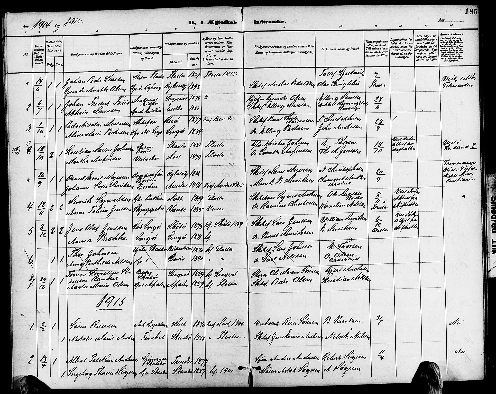 Dypvåg sokneprestkontor, AV/SAK-1111-0007/F/Fb/Fba/L0014: Klokkerbok nr. B 14, 1901-1922, s. 185