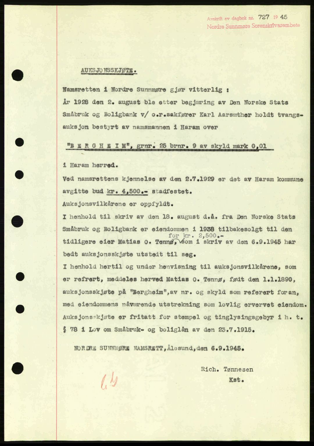 Nordre Sunnmøre sorenskriveri, SAT/A-0006/1/2/2C/2Ca: Pantebok nr. A20a, 1945-1945, Dagboknr: 727/1945