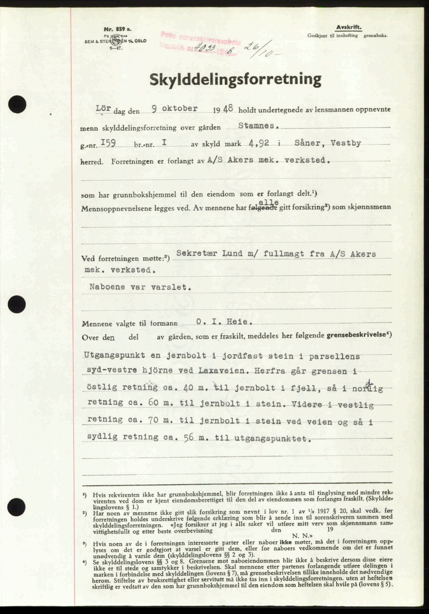 Follo sorenskriveri, SAO/A-10274/G/Ga/Gaa/L0085: Pantebok nr. I 85, 1948-1948, Dagboknr: 4033/1948