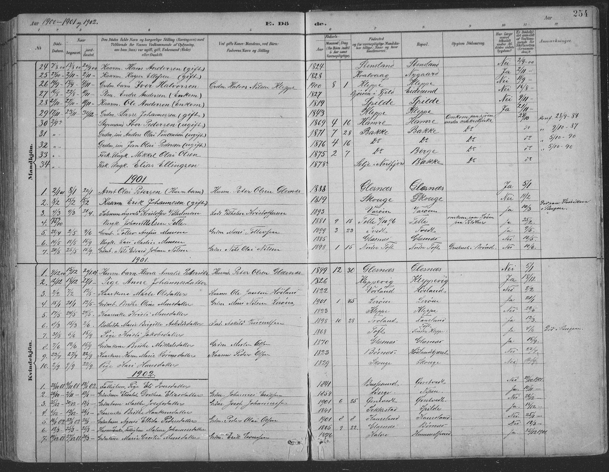 Sund sokneprestembete, AV/SAB-A-99930: Klokkerbok nr. B 3, 1882-1911, s. 254