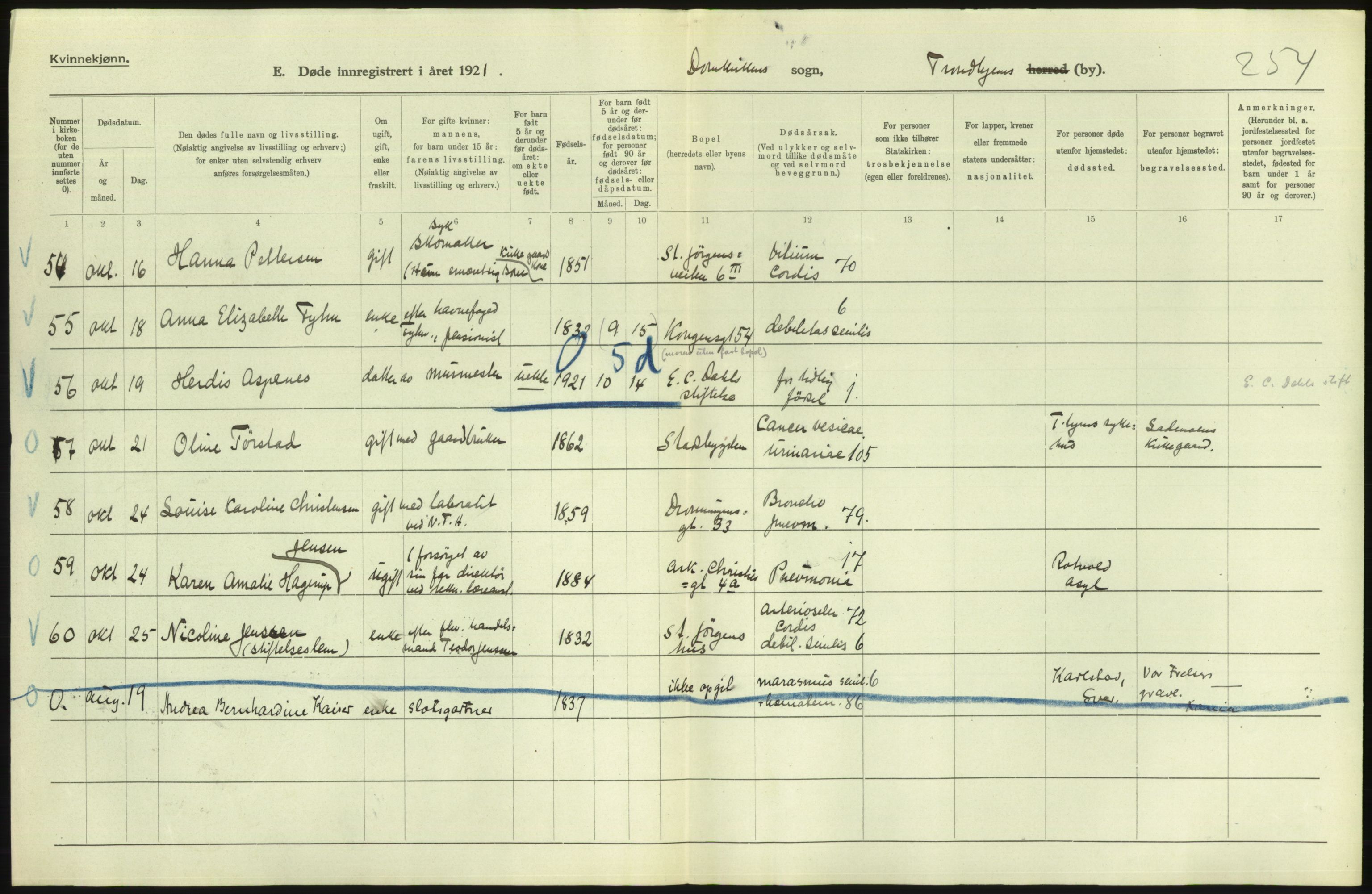 Statistisk sentralbyrå, Sosiodemografiske emner, Befolkning, RA/S-2228/D/Df/Dfc/Dfca/L0046: Trondheim: Døde, dødfødte., 1921, s. 22