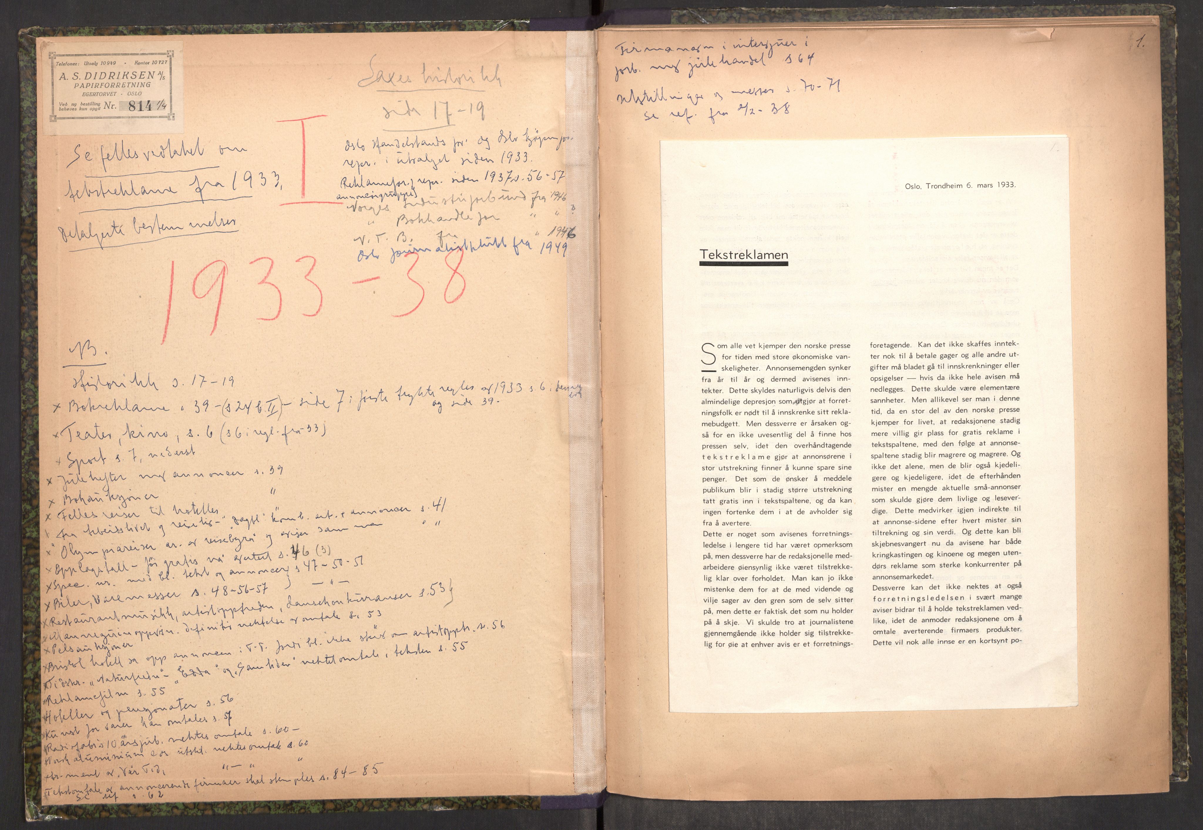 Tekstreklameutvalget, RA/PA-0854/A/Aa/L0002: Møtereferat, 1933-1938, s. 1