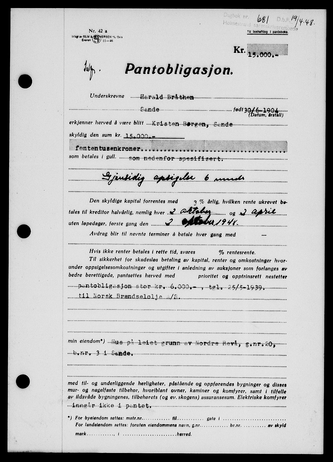 Holmestrand sorenskriveri, SAKO/A-67/G/Ga/Gab/L0058: Pantebok nr. B-58, 1947-1948, Dagboknr: 681/1948