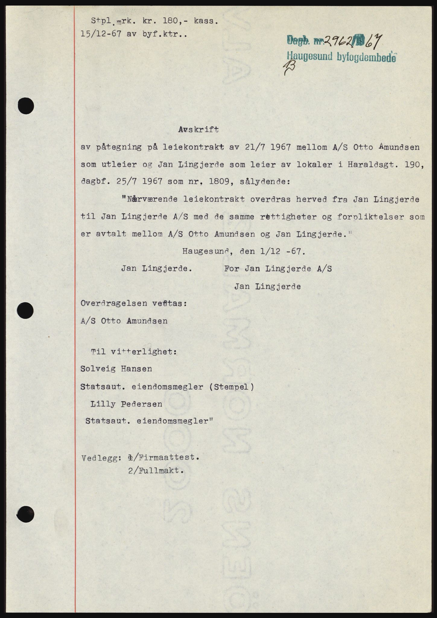 Haugesund tingrett, SAST/A-101415/01/II/IIC/L0057: Pantebok nr. B 57, 1967-1967, Dagboknr: 2962/1967