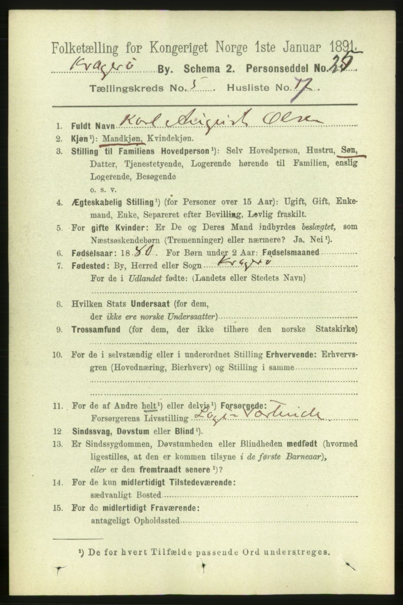RA, Folketelling 1891 for 0801 Kragerø kjøpstad, 1891, s. 3085