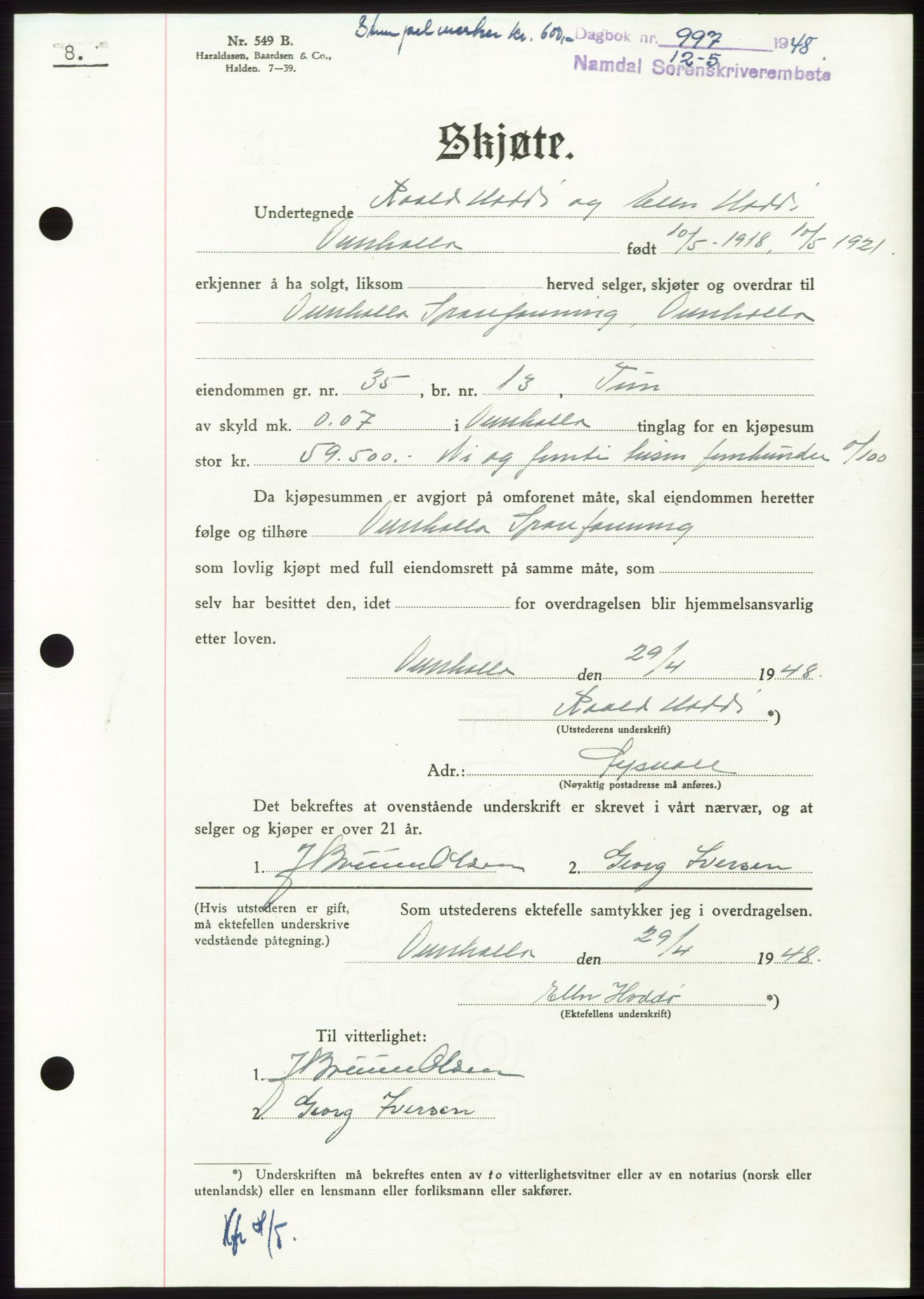 Namdal sorenskriveri, SAT/A-4133/1/2/2C: Pantebok nr. -, 1947-1948, Dagboknr: 997/1948
