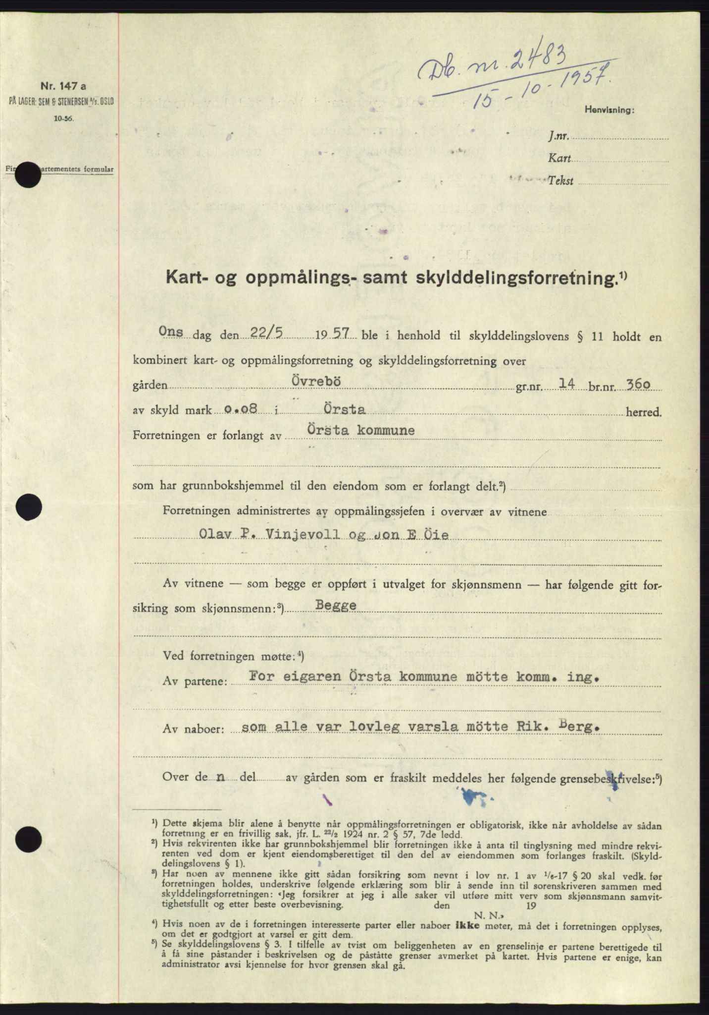 Søre Sunnmøre sorenskriveri, SAT/A-4122/1/2/2C/L0107: Pantebok nr. 33A, 1957-1957, Dagboknr: 2483/1957