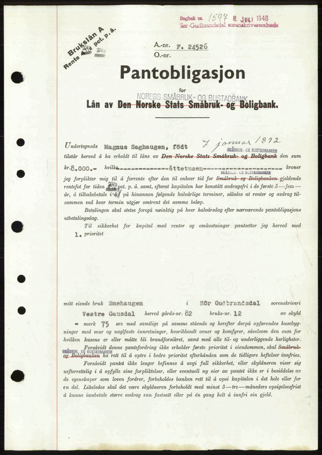 Sør-Gudbrandsdal tingrett, SAH/TING-004/H/Hb/Hbe/L0003: Pantebok nr. B3, 1943-1948, Dagboknr: 1597/1948