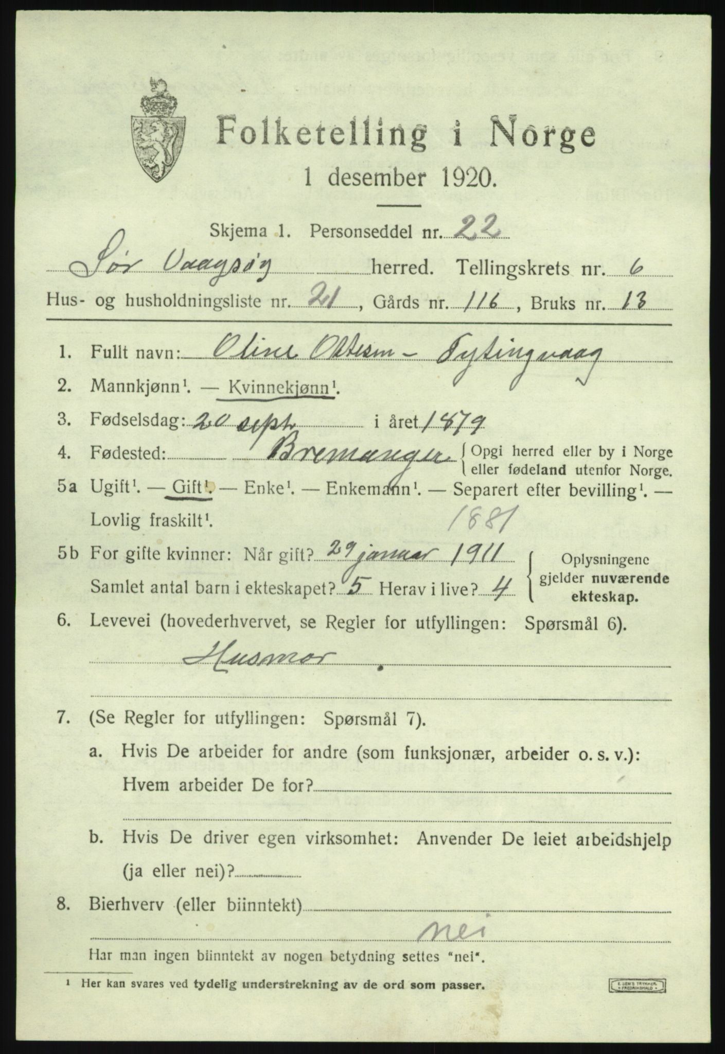 SAB, Folketelling 1920 for 1439 Sør-Vågsøy herred, 1920, s. 3692