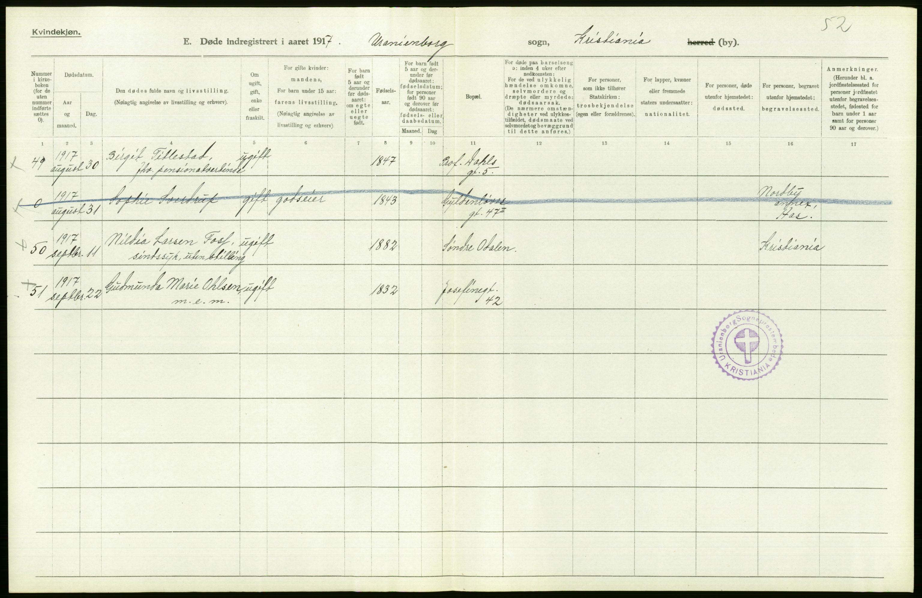 Statistisk sentralbyrå, Sosiodemografiske emner, Befolkning, AV/RA-S-2228/D/Df/Dfb/Dfbg/L0010: Kristiania: Døde, 1917, s. 282