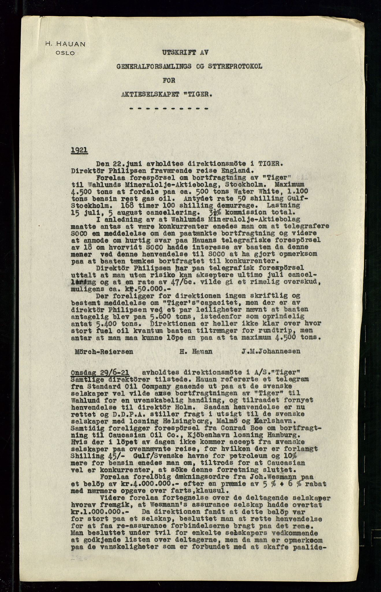 Pa 1536 - Esso Norge as, Vallø Oljeraffineri og lager, AV/SAST-A-101956/A/Aa/L0001/0003: Generalforsamlinger og bilag til generalforsamlinger / Vallø styre og generalforsamling, 1905-1933