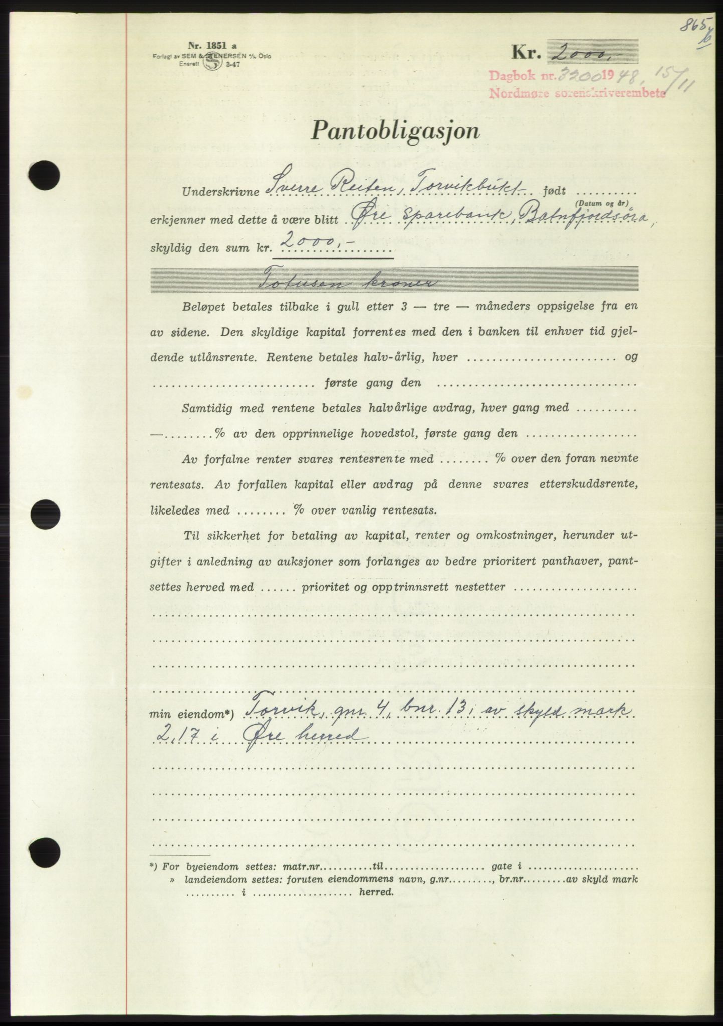 Nordmøre sorenskriveri, AV/SAT-A-4132/1/2/2Ca: Pantebok nr. B100, 1948-1949, Dagboknr: 3200/1948