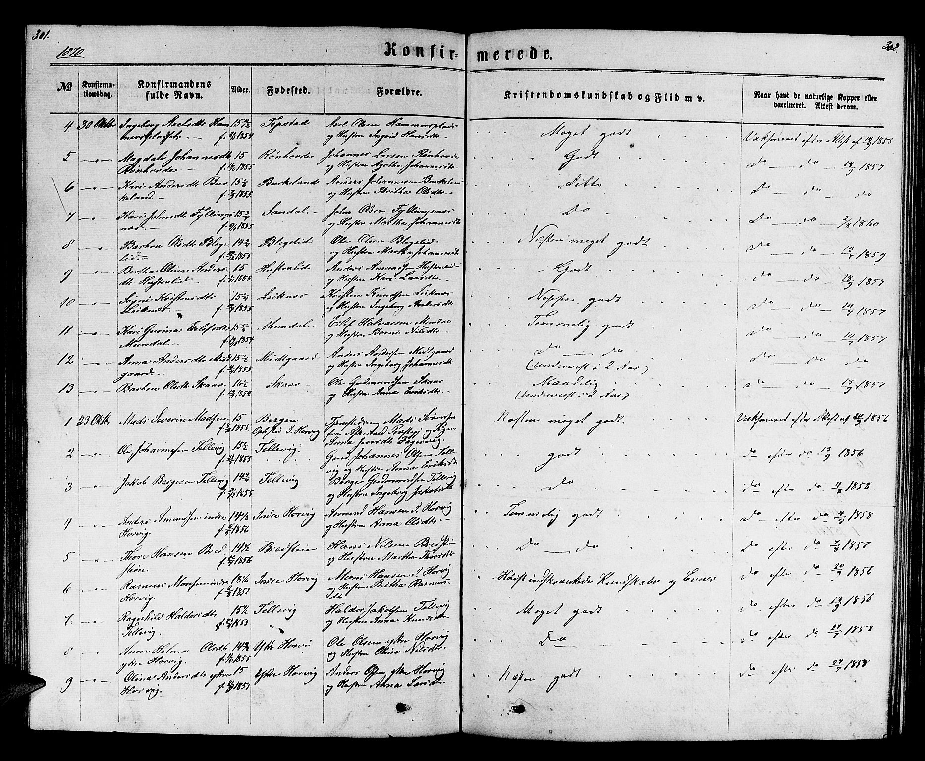 Hamre sokneprestembete, AV/SAB-A-75501/H/Ha/Hab: Klokkerbok nr. B 2, 1863-1880, s. 301-302