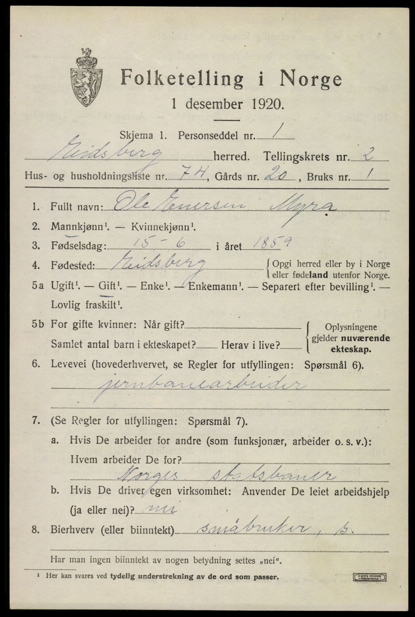 SAO, Folketelling 1920 for 0125 Eidsberg herred, 1920, s. 3923