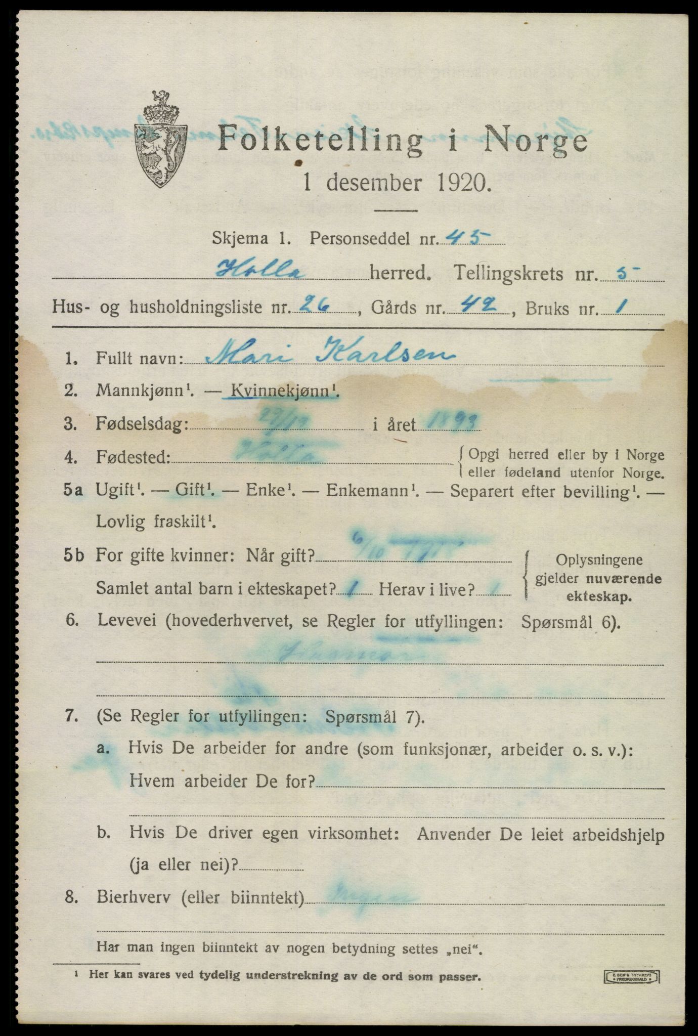 SAKO, Folketelling 1920 for 0819 Holla herred, 1920, s. 4455