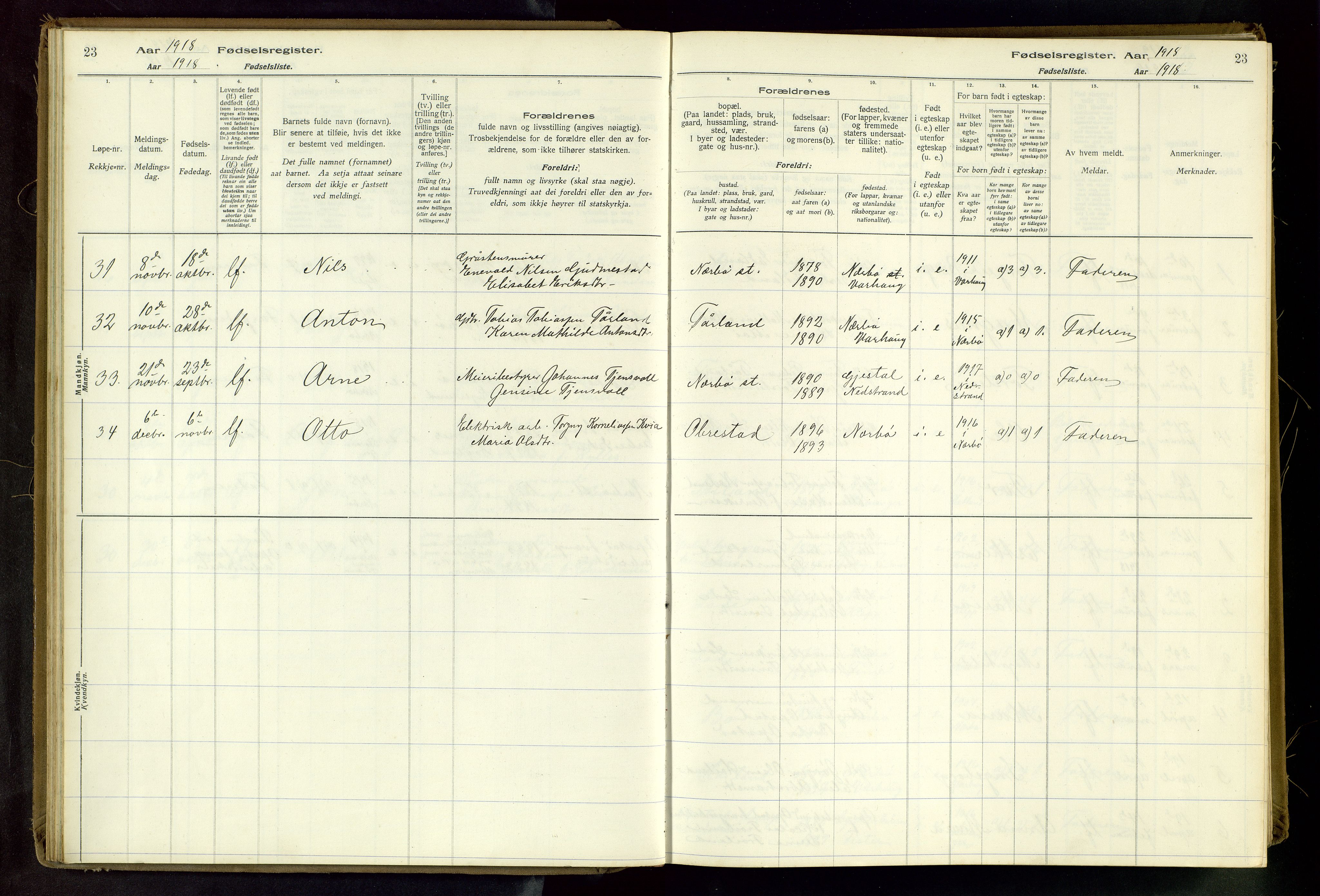 Hå sokneprestkontor, AV/SAST-A-101801/002/C/L0001: Fødselsregister nr. 1, 1916-1945, s. 23