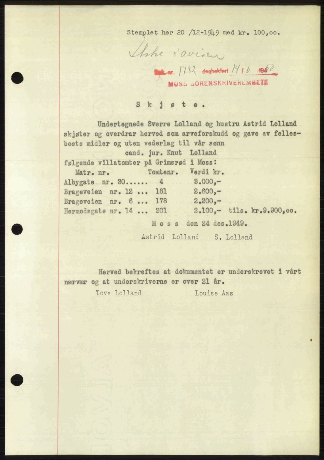 Moss sorenskriveri, SAO/A-10168: Pantebok nr. A26, 1950-1950, Dagboknr: 1752/1950