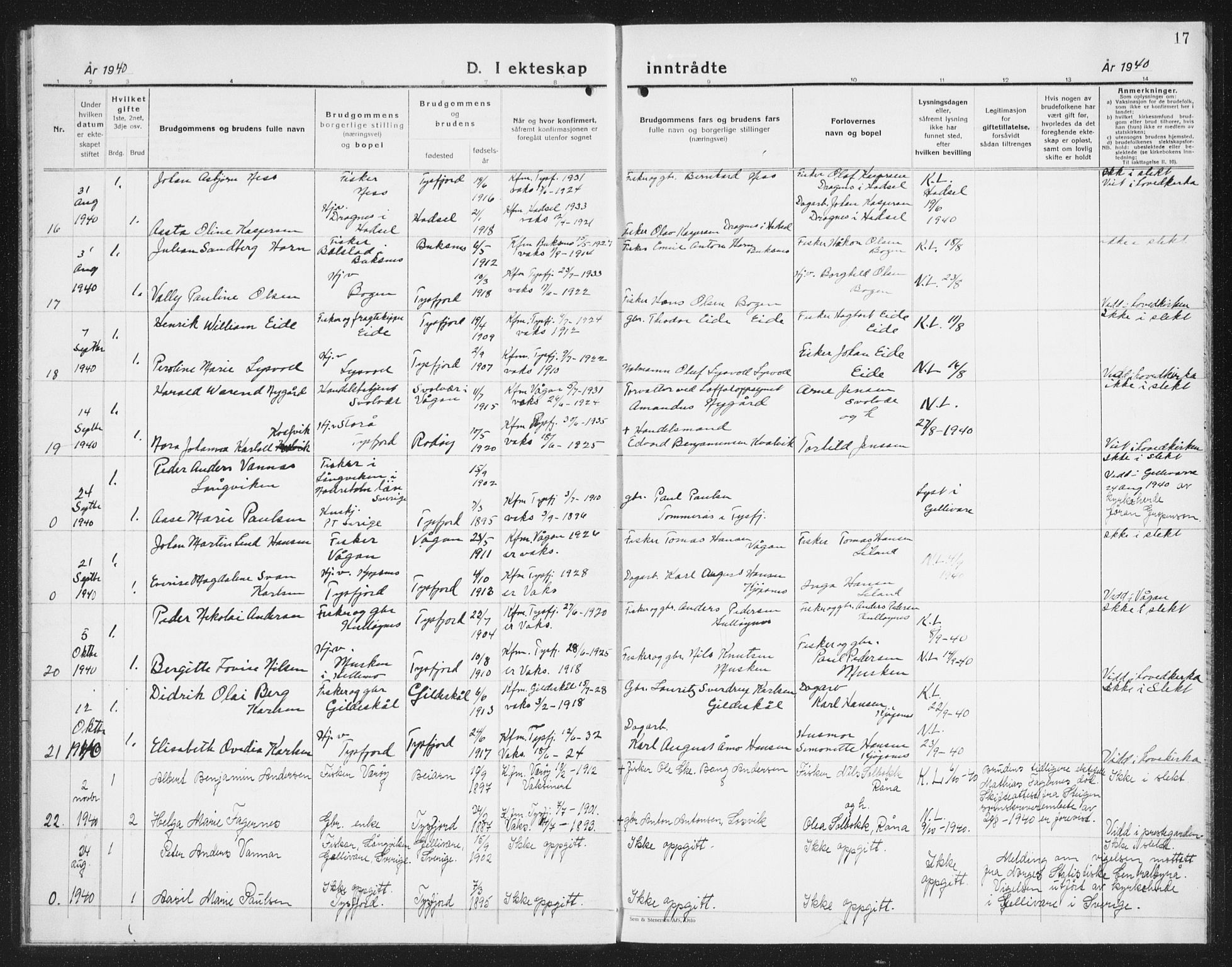 Ministerialprotokoller, klokkerbøker og fødselsregistre - Nordland, AV/SAT-A-1459/861/L0880: Klokkerbok nr. 861C06, 1936-1942, s. 17