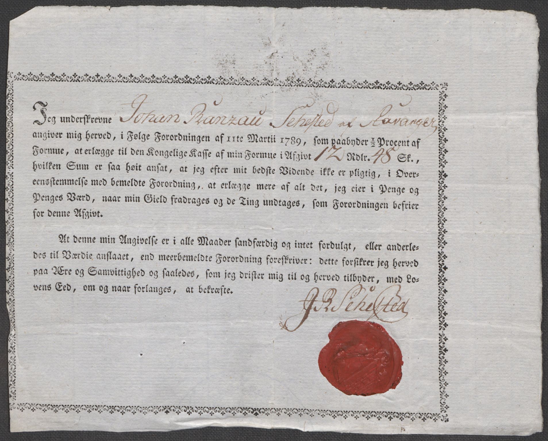 Rentekammeret inntil 1814, Reviderte regnskaper, Mindre regnskaper, AV/RA-EA-4068/Rf/Rfe/L0045: Stavanger, Stjørdal og Verdal fogderi, 1789, s. 112