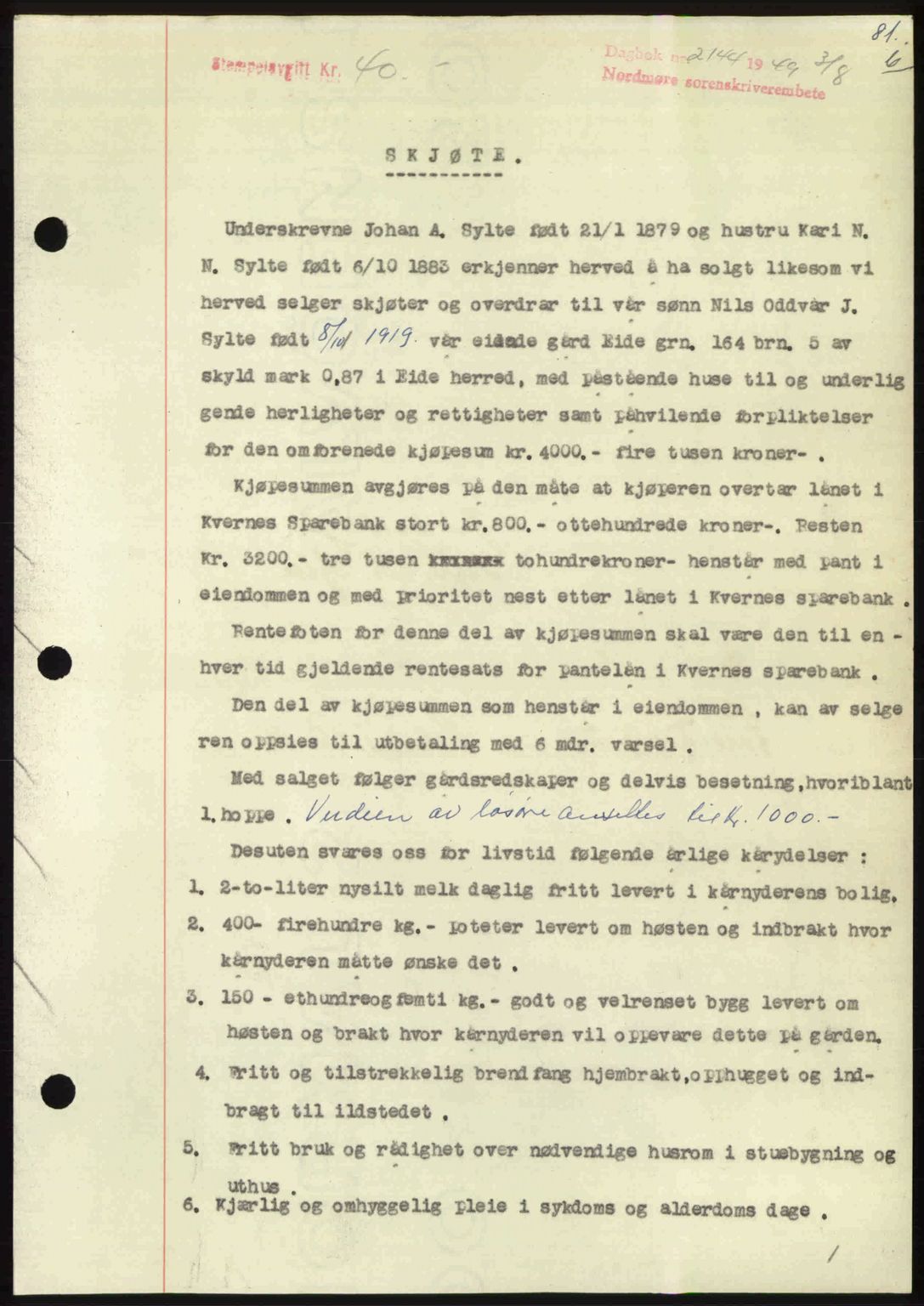 Nordmøre sorenskriveri, SAT/A-4132/1/2/2Ca: Pantebok nr. A112, 1949-1949, Dagboknr: 2144/1949