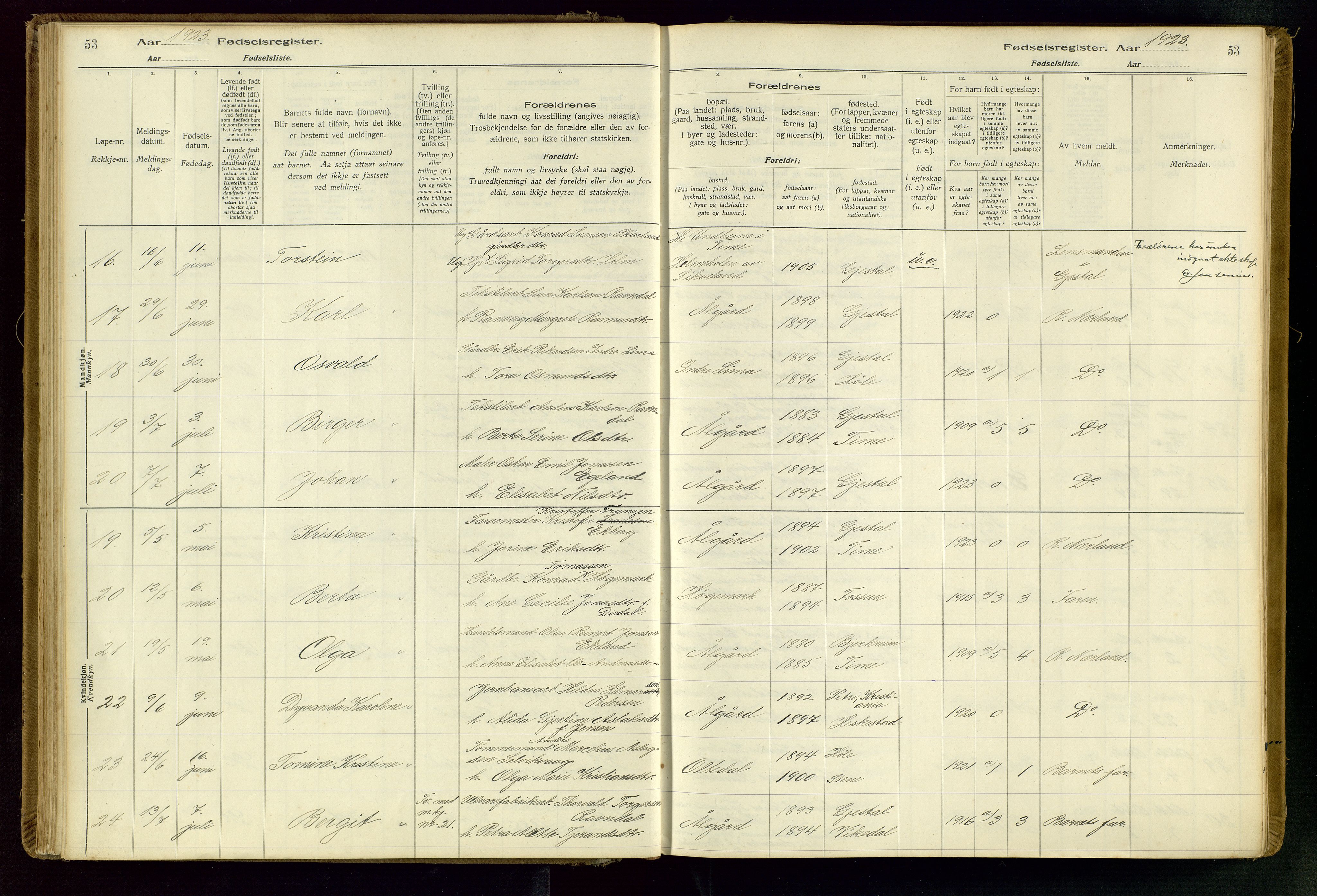 Gjesdal sokneprestkontor, SAST/A-101796/002/O/L0001: Fødselsregister nr. 1, 1916-1949, s. 53