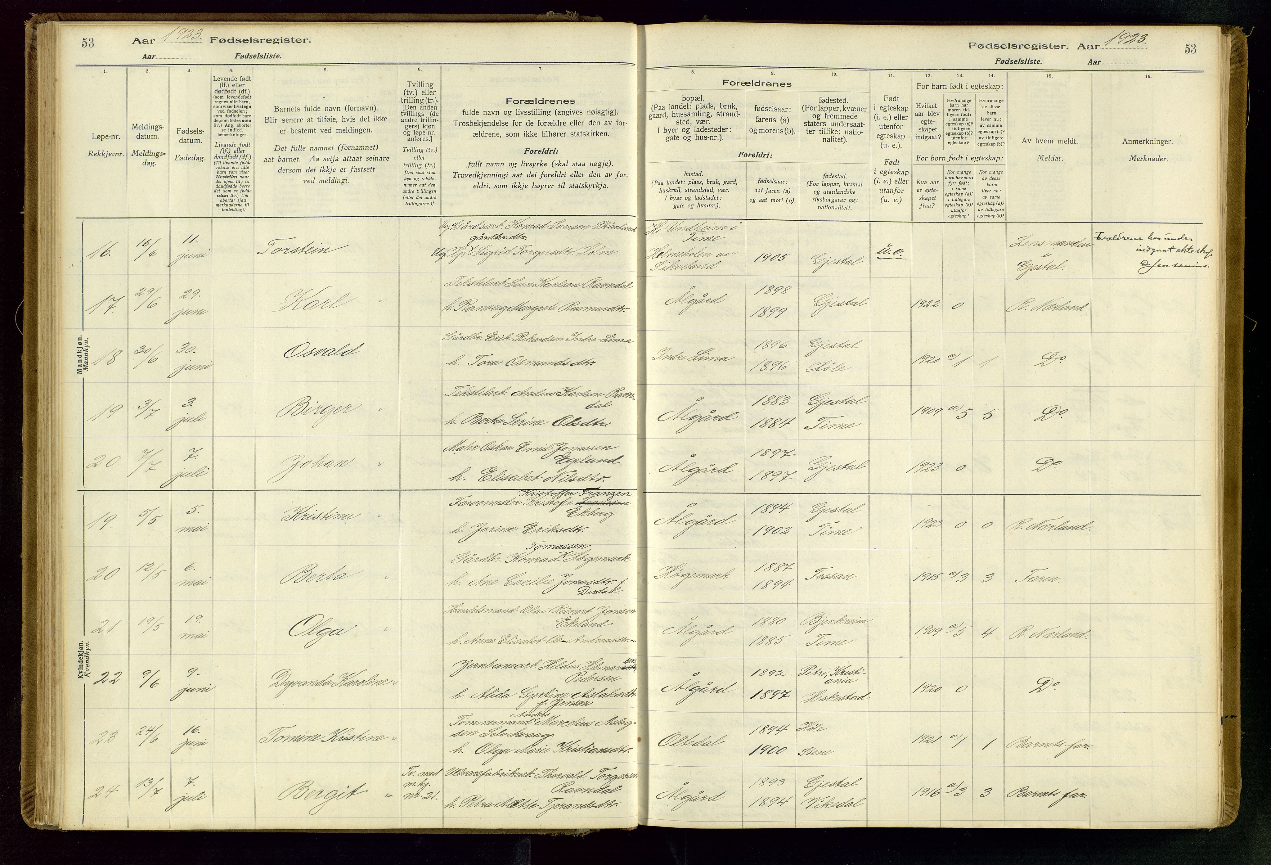 Gjesdal sokneprestkontor, AV/SAST-A-101796/002/O/L0001: Fødselsregister nr. 1, 1916-1949, s. 53