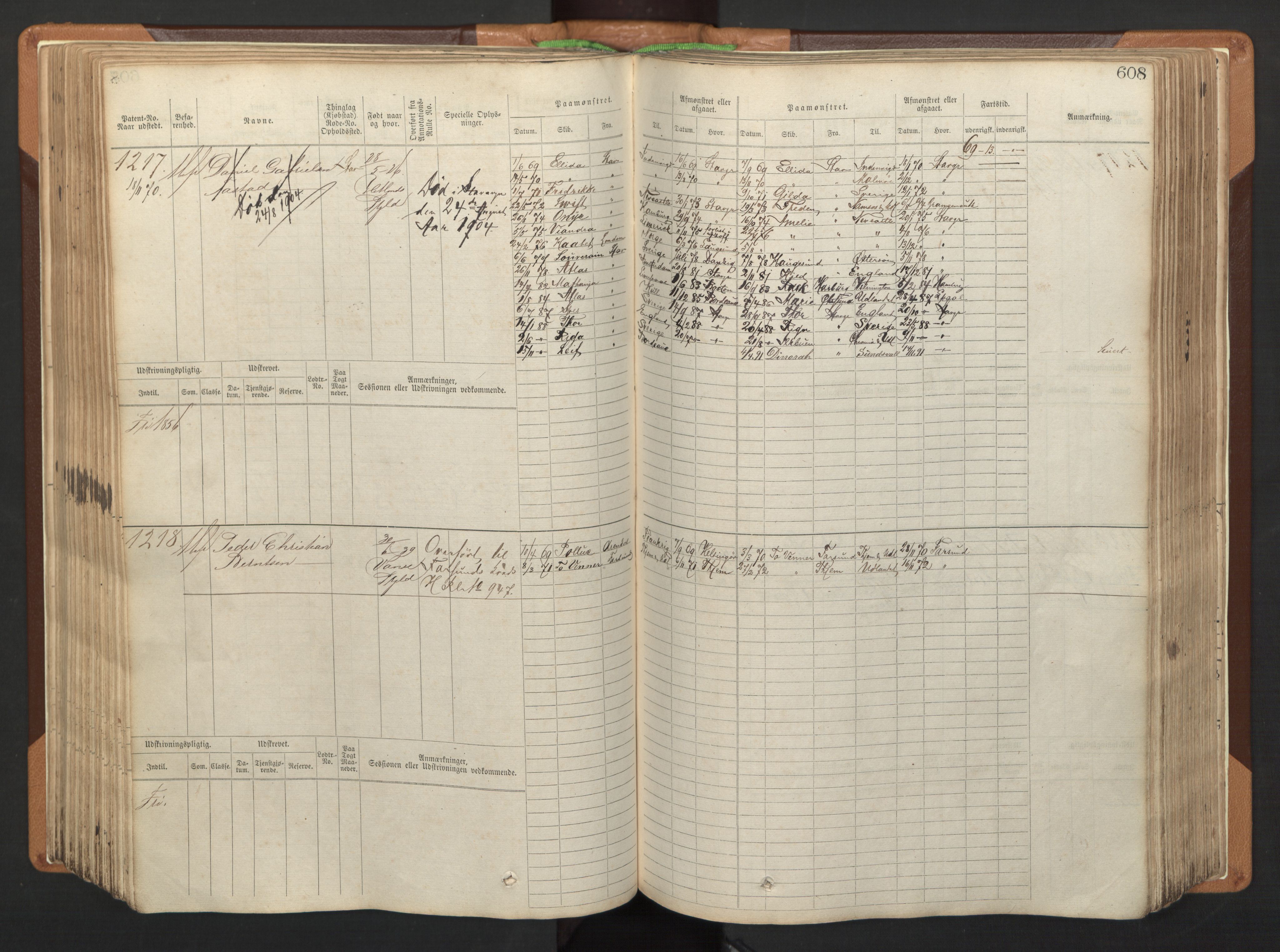 Stavanger sjømannskontor, AV/SAST-A-102006/F/Fb/Fbb/L0005: Sjøfartshovedrulle, patentnr. 793-1606 (del 2), 1869-1880, s. 218