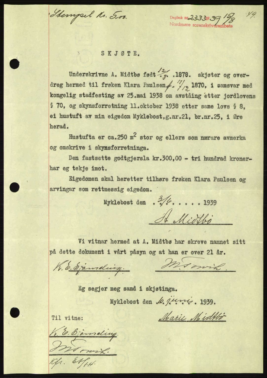 Nordmøre sorenskriveri, SAT/A-4132/1/2/2Ca: Pantebok nr. A87, 1939-1940, Dagboknr: 2333/1939