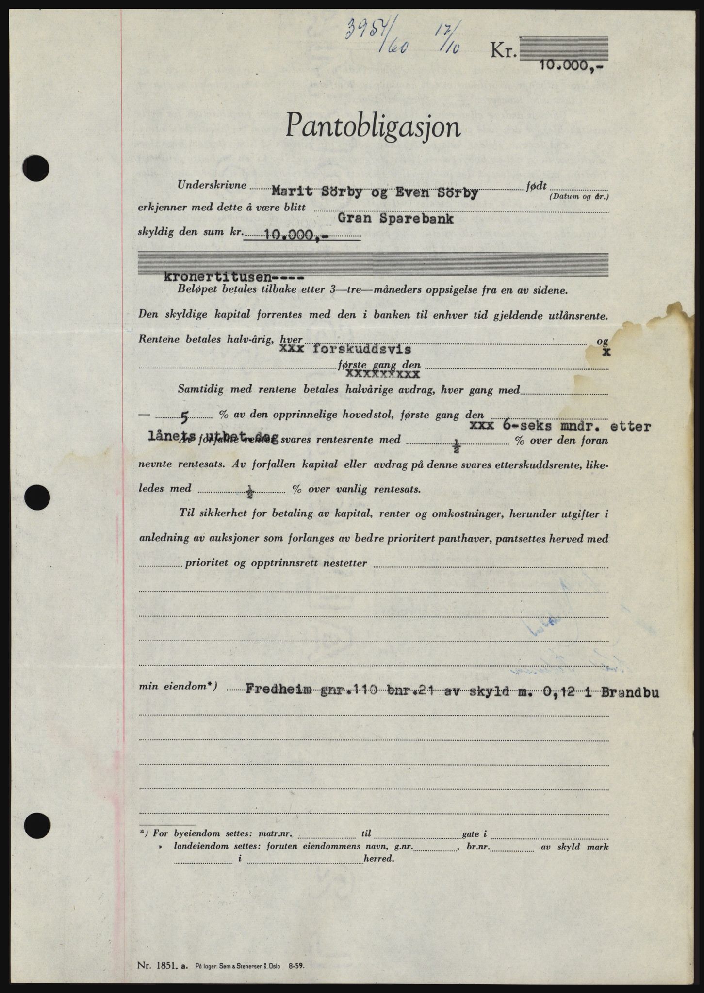 Hadeland og Land tingrett, SAH/TING-010/H/Hb/Hbc/L0044: Pantebok nr. B44, 1960-1961, Dagboknr: 3954/1960