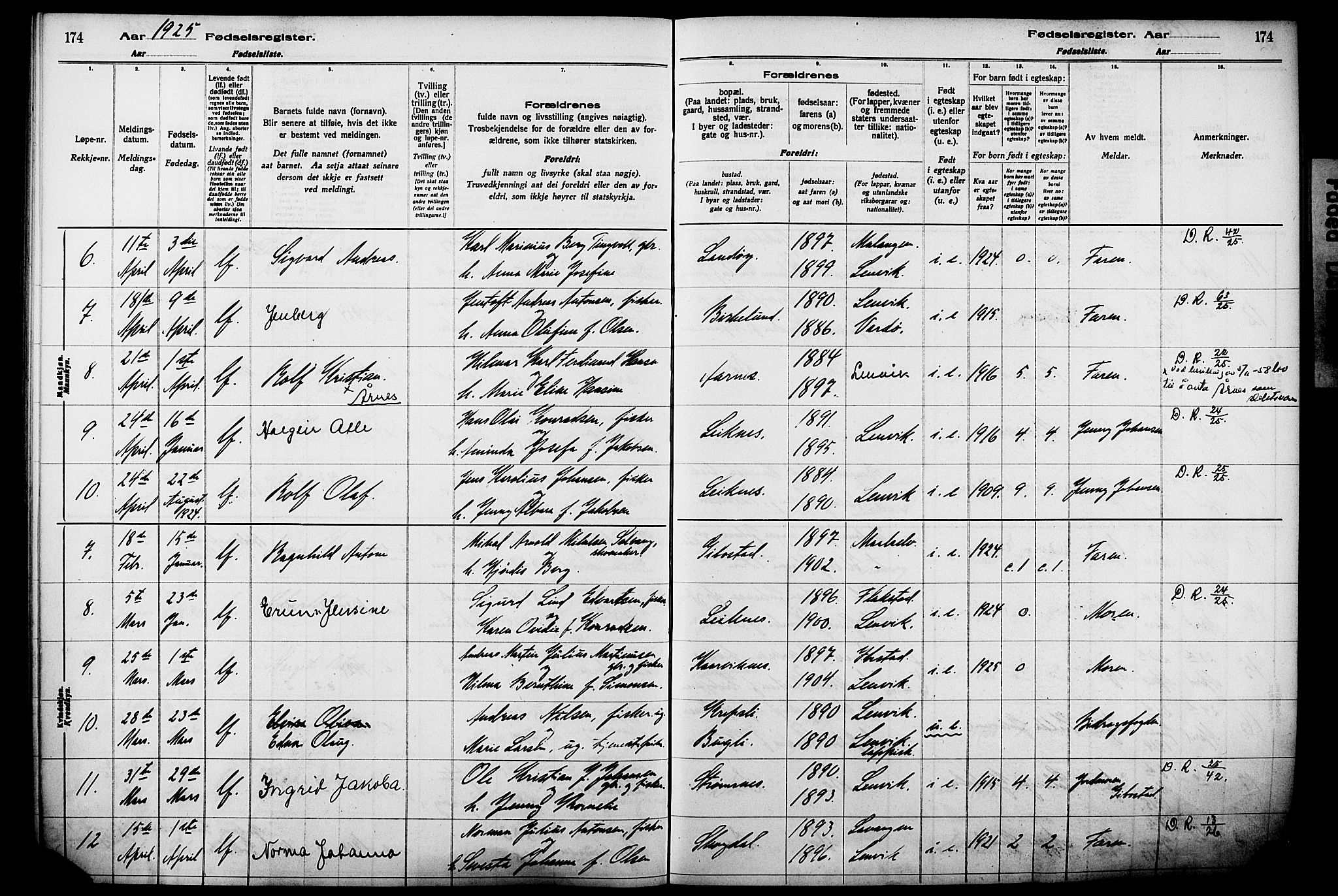 Lenvik sokneprestembete, AV/SATØ-S-1310/I/Ic/L0089: Fødselsregister nr. 89, 1916-1926, s. 174