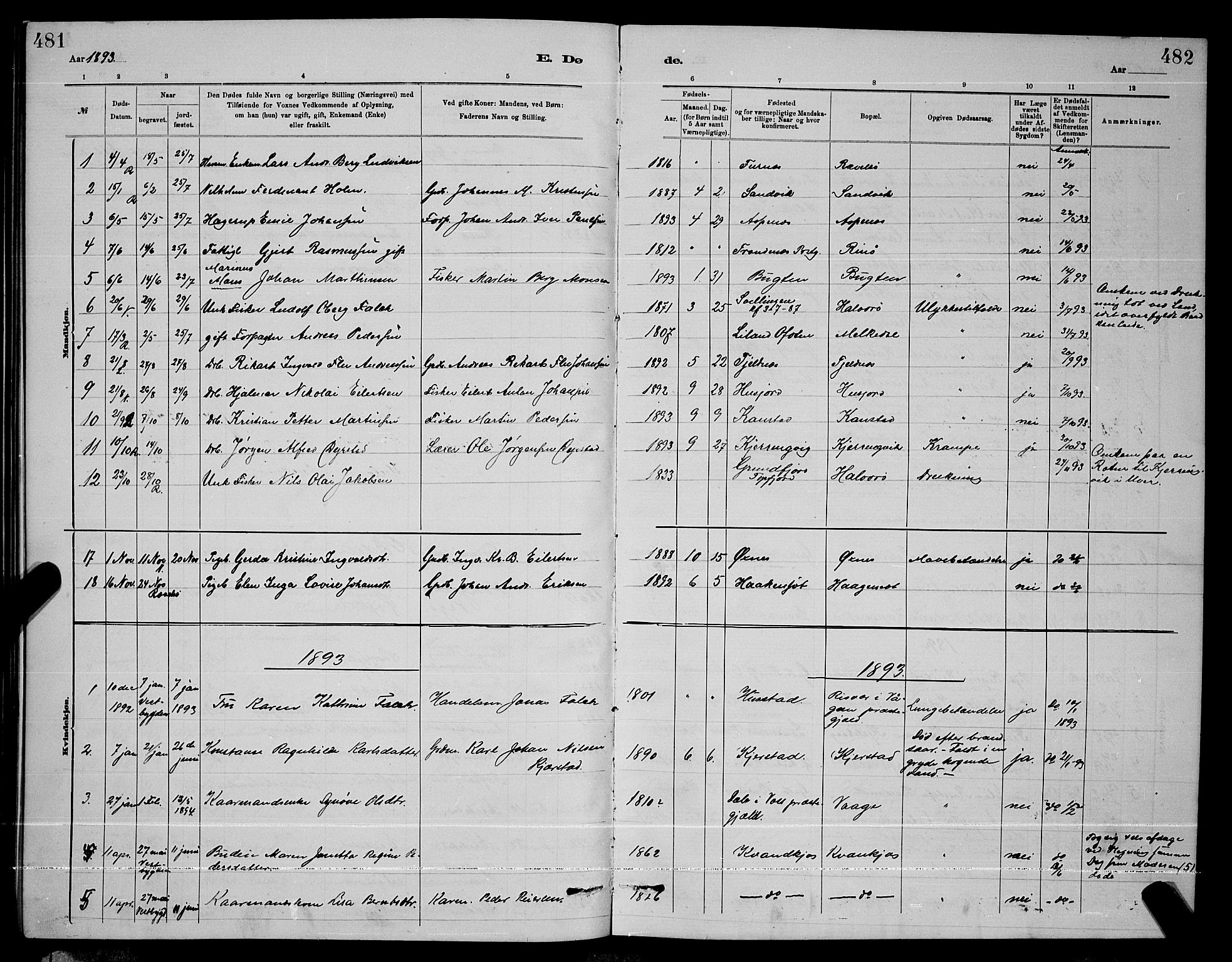 Ministerialprotokoller, klokkerbøker og fødselsregistre - Nordland, AV/SAT-A-1459/872/L1047: Klokkerbok nr. 872C03, 1880-1897, s. 481-482