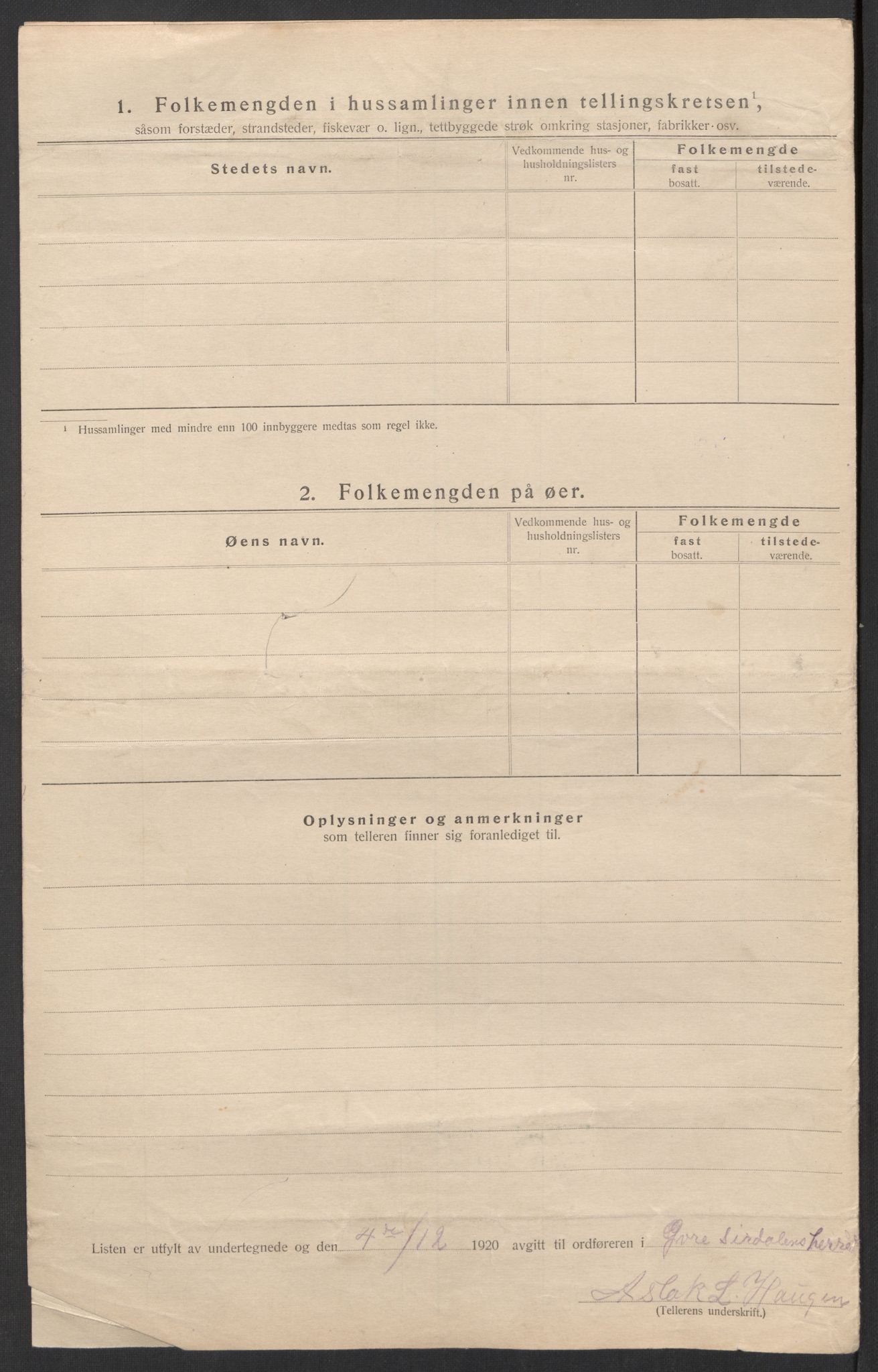 SAK, Folketelling 1920 for 1047 Øvre Sirdal herred, 1920, s. 8