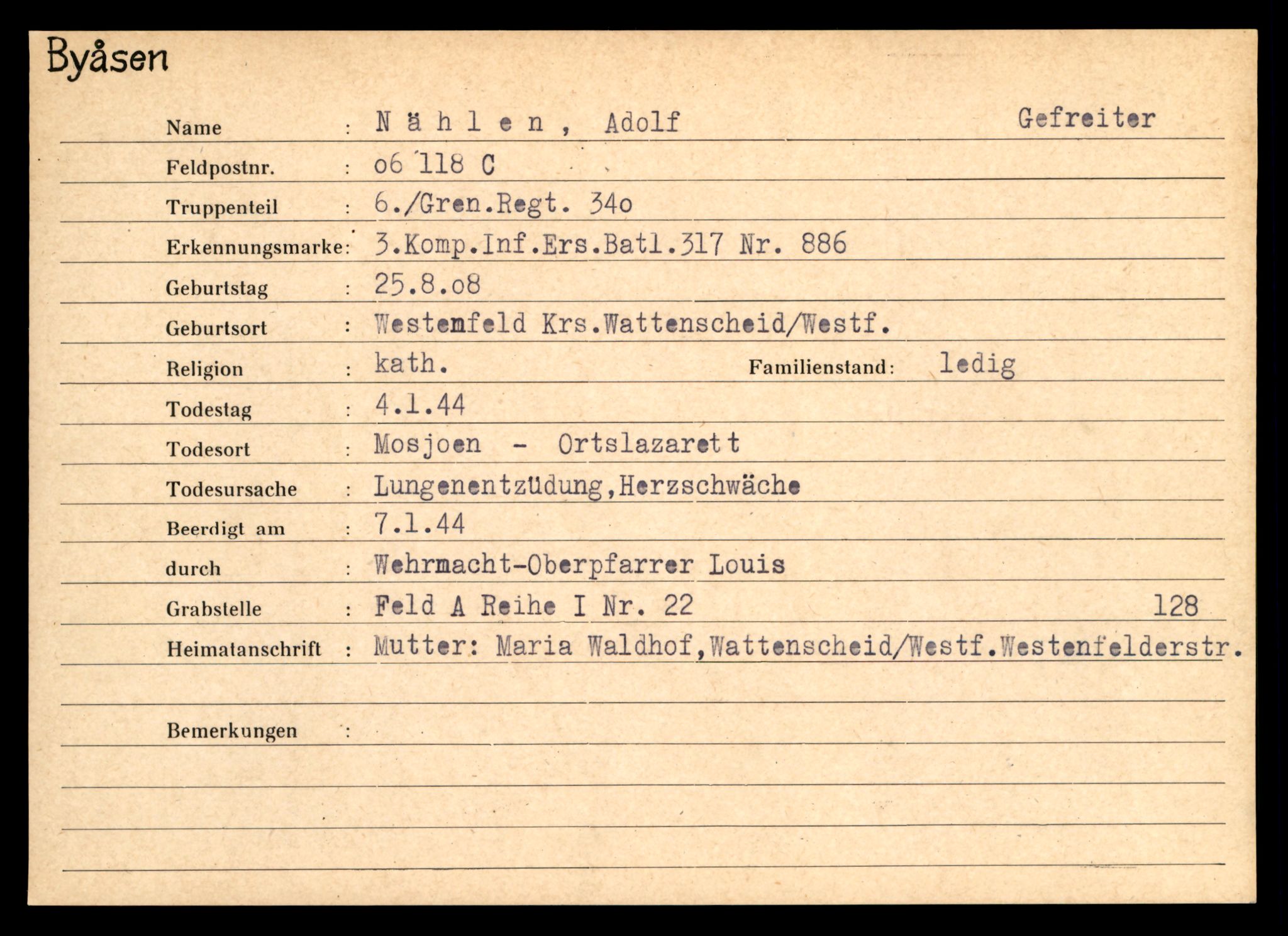 Distriktskontoret for krigsgraver, SAT/A-5030/E/L0004: Kasett/kartotek over tysk Krigskirkegård på Byåsen, 1945, s. 1189
