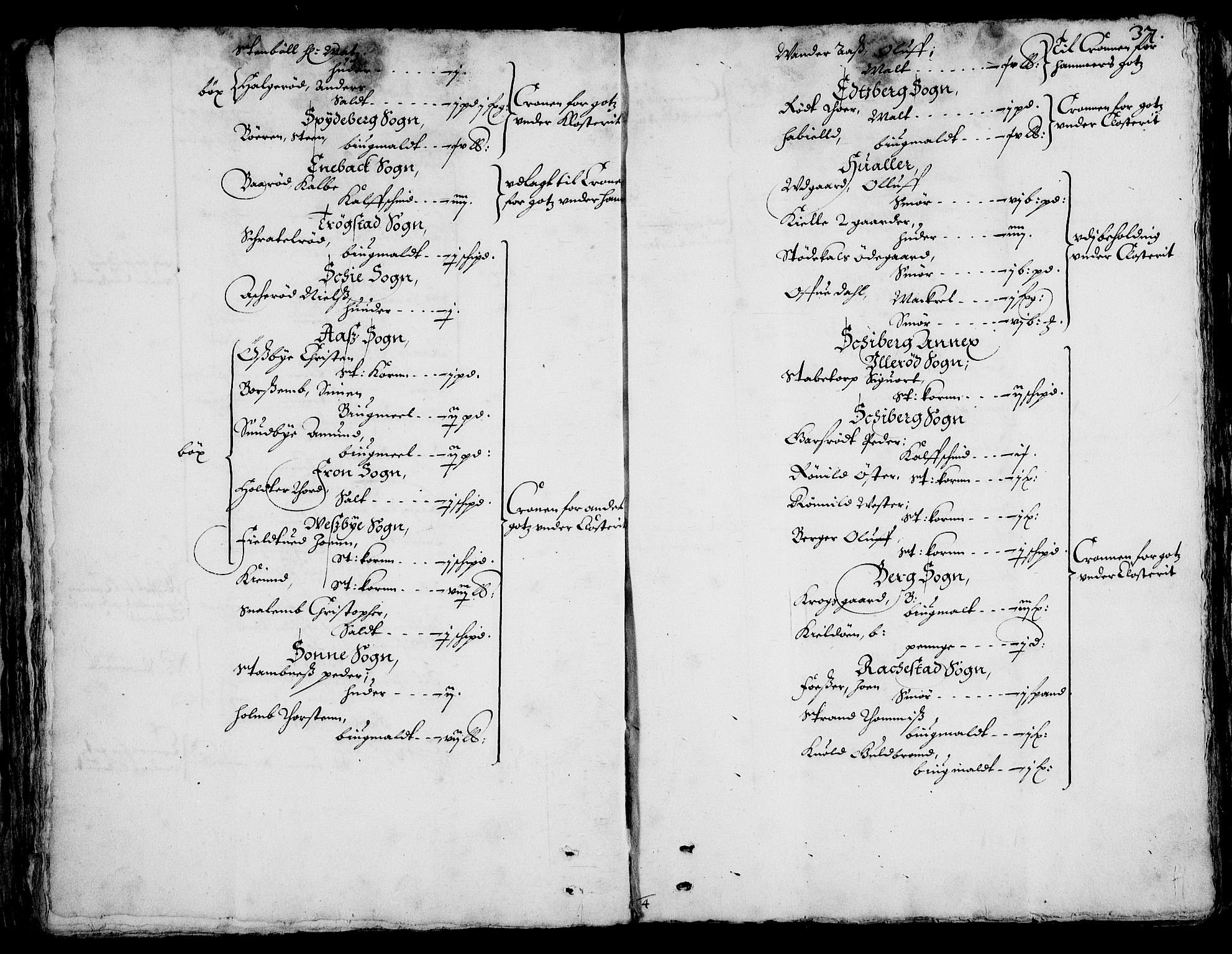 Rentekammeret inntil 1814, Realistisk ordnet avdeling, AV/RA-EA-4070/On/L0001/0002: Statens gods / [Jj 2]: Jordebok og forklaring over atkomstene til Hannibal Sehesteds gods, 1651, s. 36b-37a