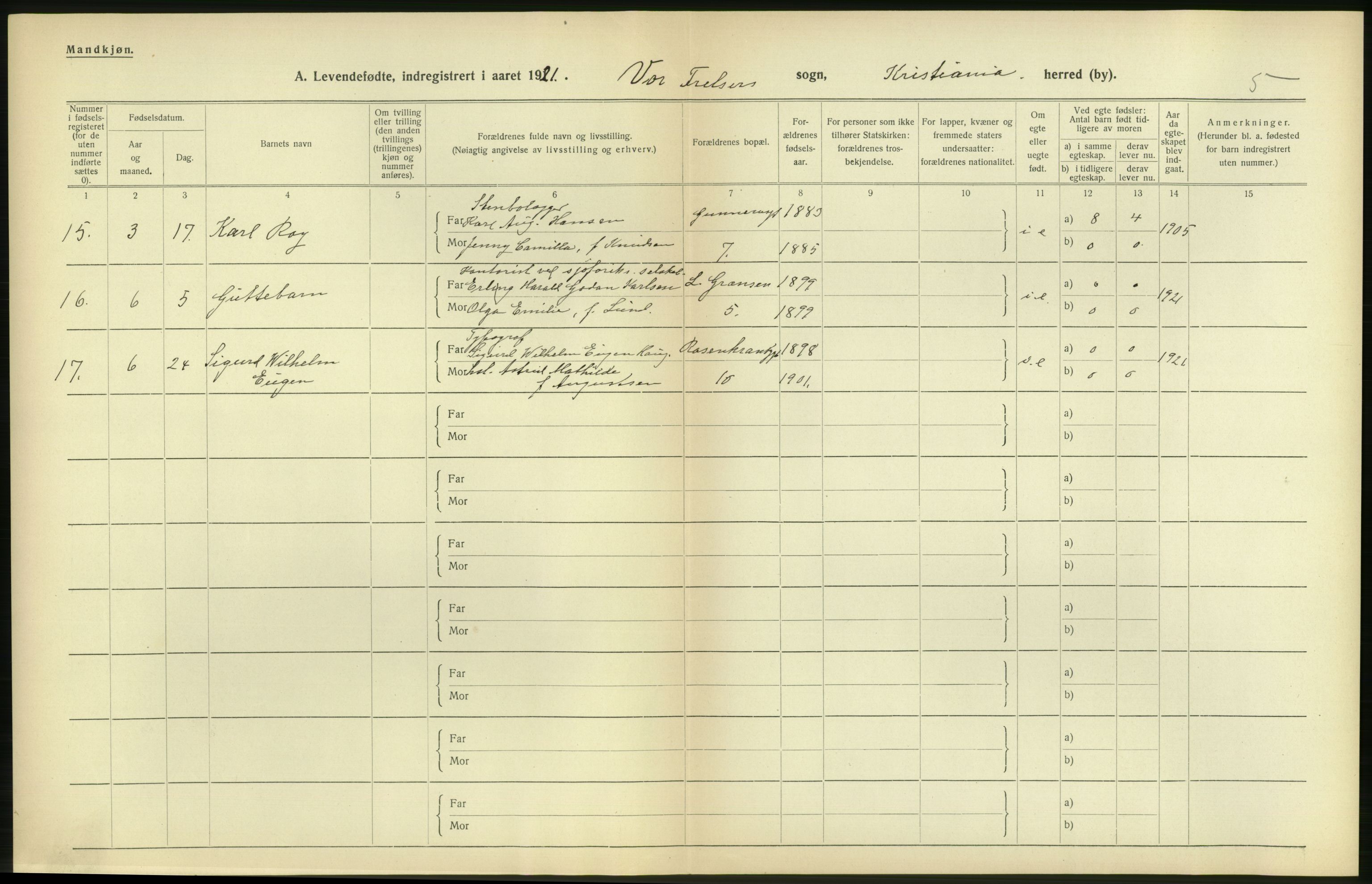 Statistisk sentralbyrå, Sosiodemografiske emner, Befolkning, RA/S-2228/D/Df/Dfc/Dfca/L0009: Kristiania: Levendefødte menn og kvinner., 1921, s. 394