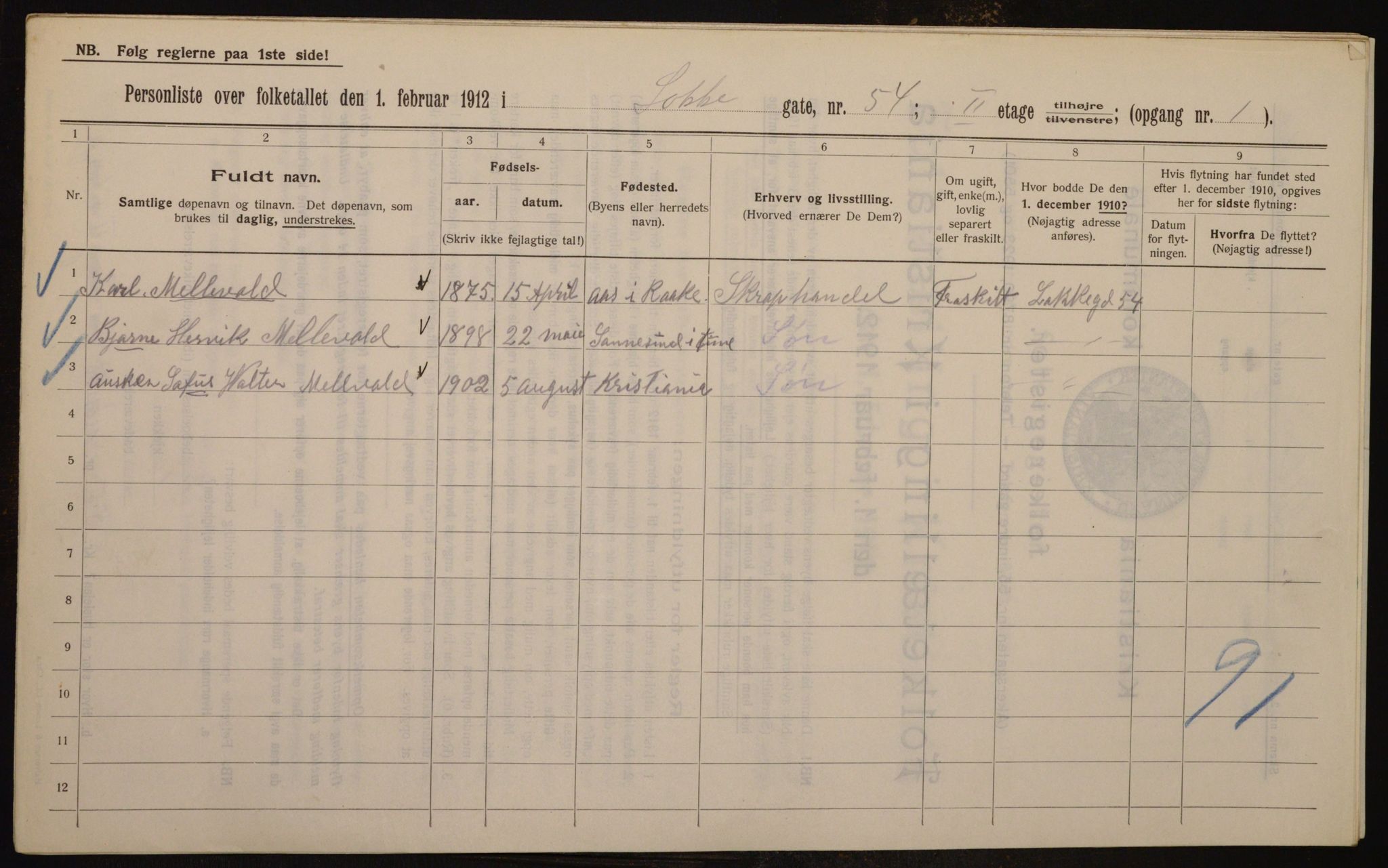 OBA, Kommunal folketelling 1.2.1912 for Kristiania, 1912, s. 56230