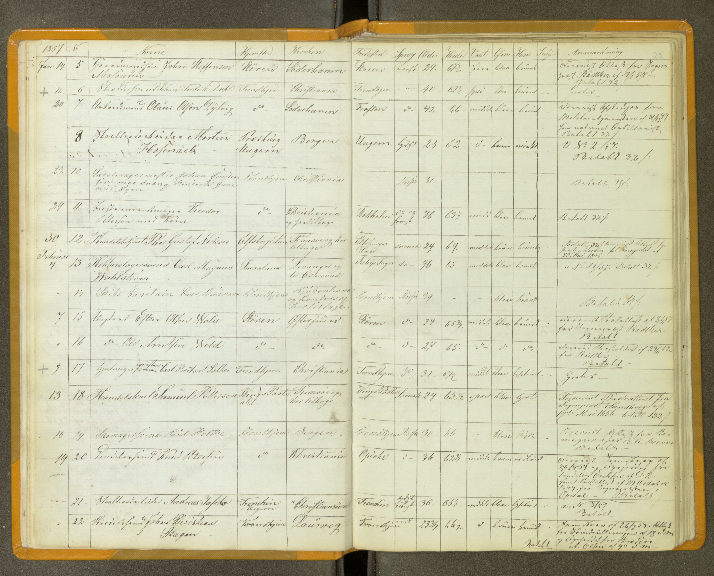 Trondheim politikammer, AV/SAT-A-1887/1/30/L0011: Passprotokoll. Utstedte pass 1855-1890. Utstede og forviste handelsbrev 1857-1860, 1855-1890, s. 24b-25a