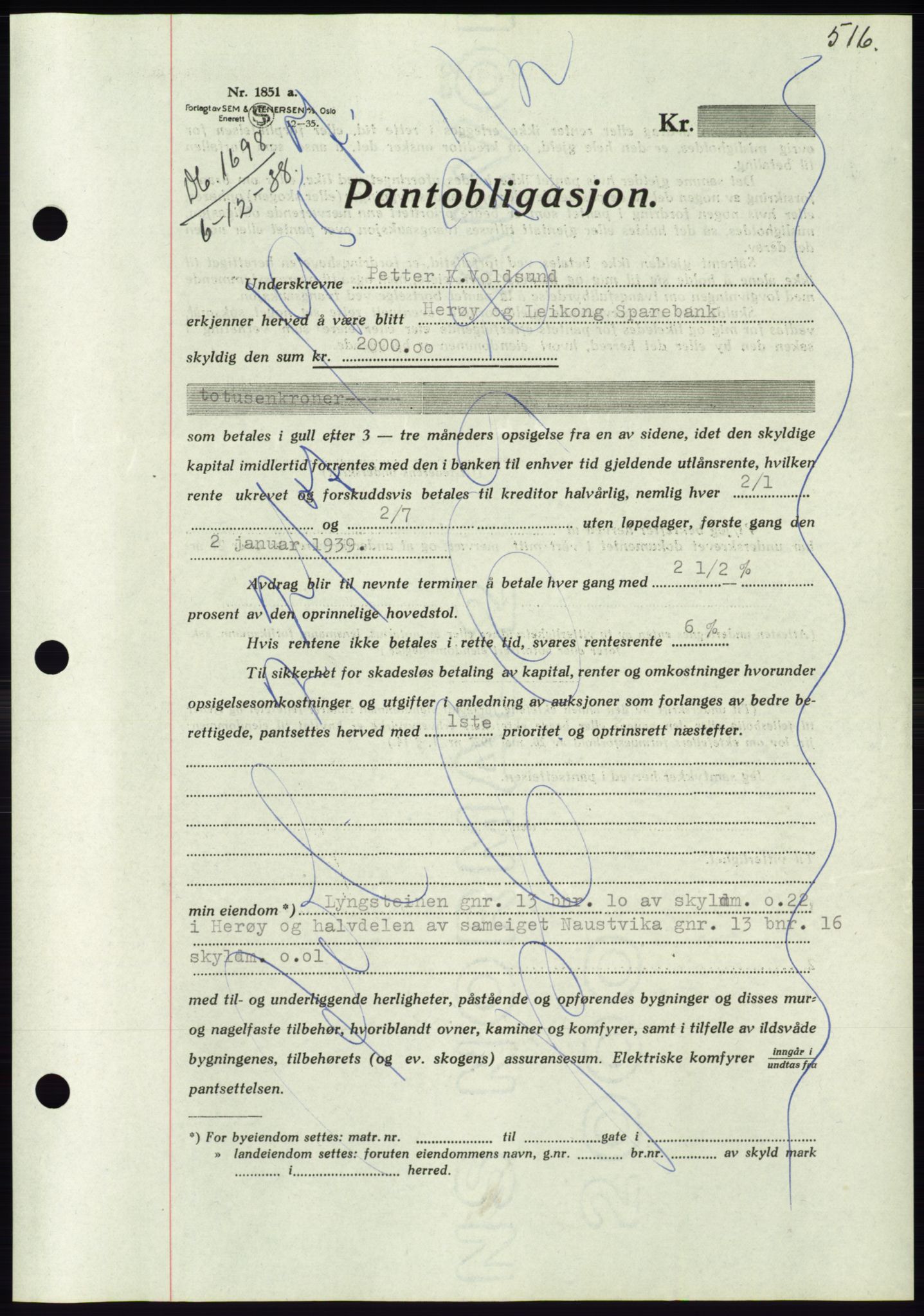 Søre Sunnmøre sorenskriveri, AV/SAT-A-4122/1/2/2C/L0066: Pantebok nr. 60, 1938-1938, Dagboknr: 1698/1938