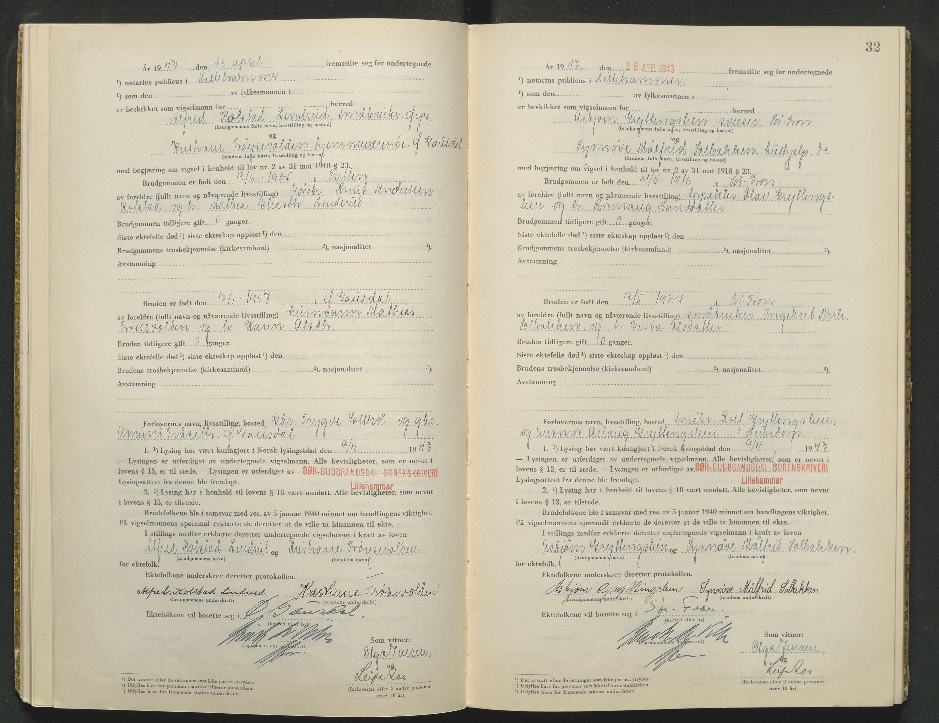 Sør-Gudbrandsdal tingrett, AV/SAH-TING-004/L/Lc/L0003: Vigselsprotokoll, 1943, s. 32
