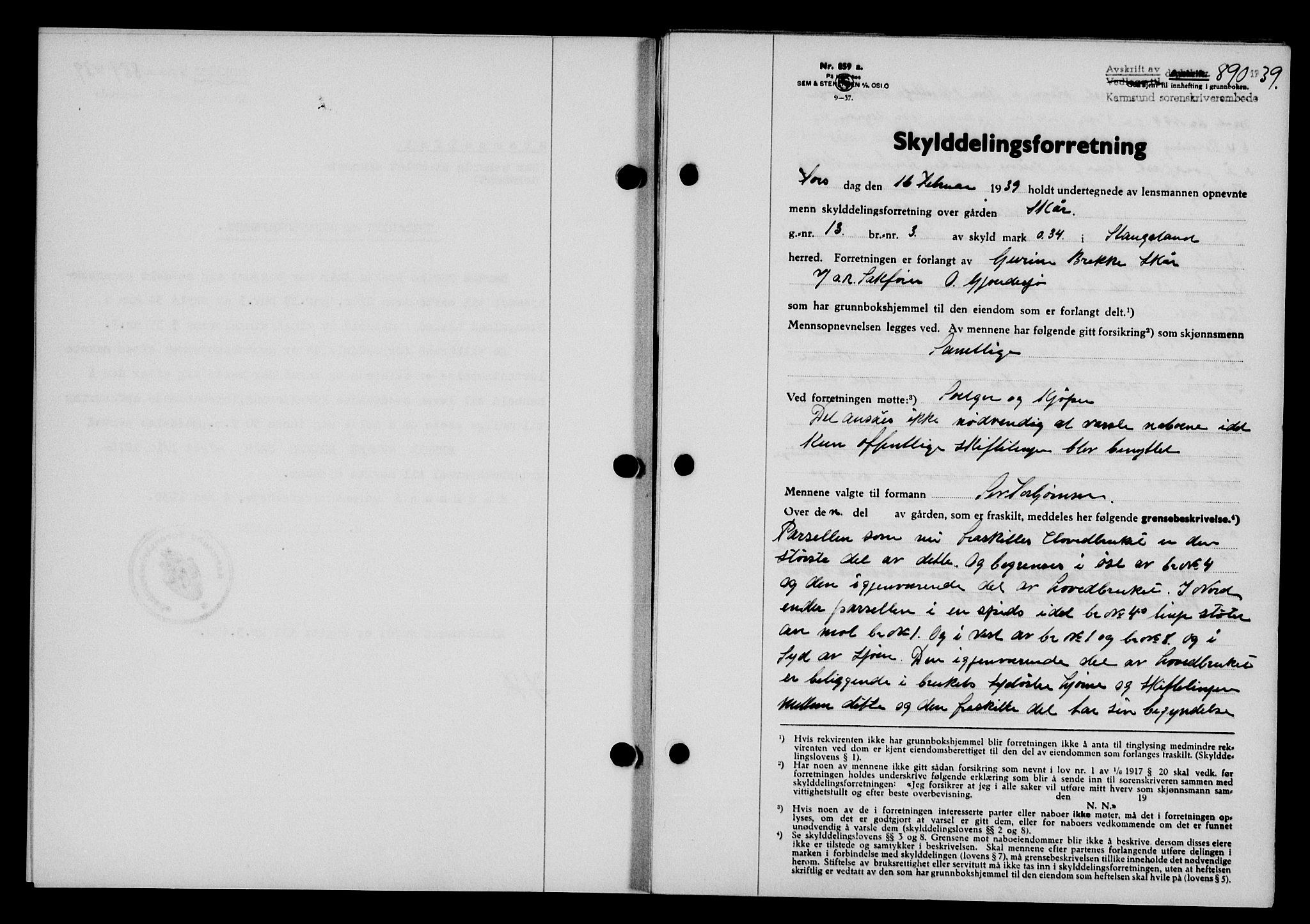Karmsund sorenskriveri, SAST/A-100311/01/II/IIB/L0071: Pantebok nr. 52A, 1939-1939, Dagboknr: 890/1939