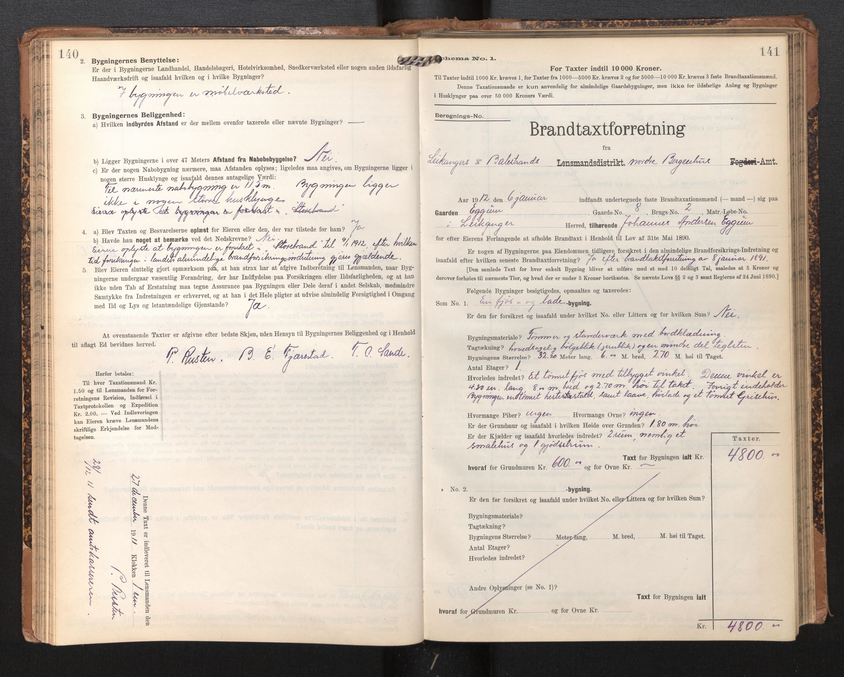 Lensmannen i Leikanger, SAB/A-29201/0012/L0005: Branntakstprotokoll, skjematakst, 1907-1917, s. 140-141