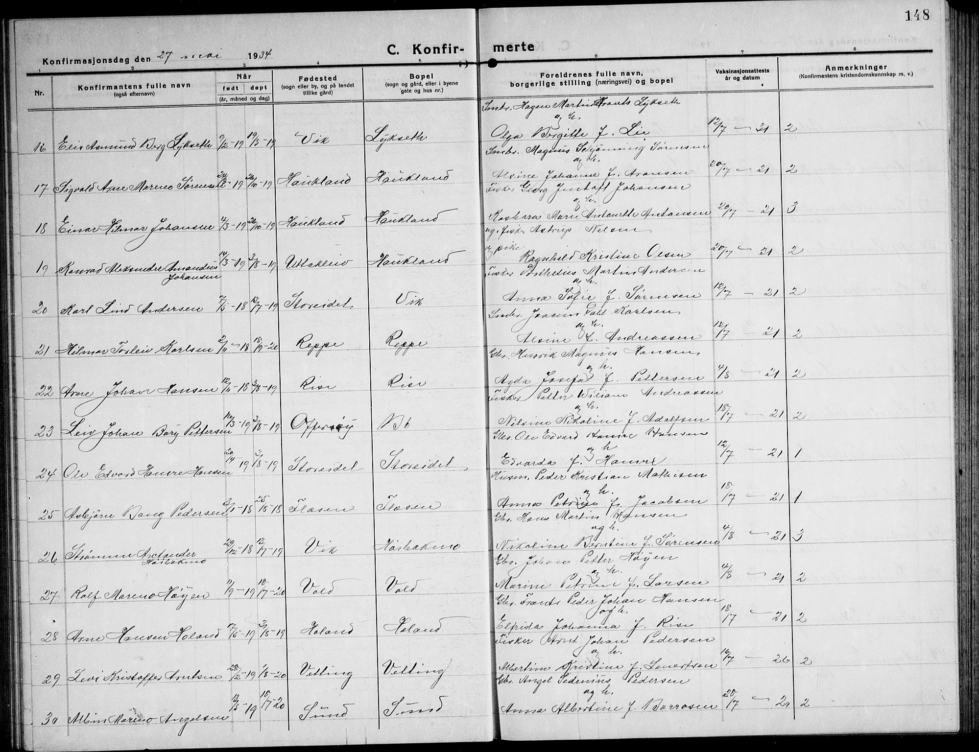 Ministerialprotokoller, klokkerbøker og fødselsregistre - Nordland, AV/SAT-A-1459/881/L1170: Klokkerbok nr. 881C07, 1930-1943, s. 148