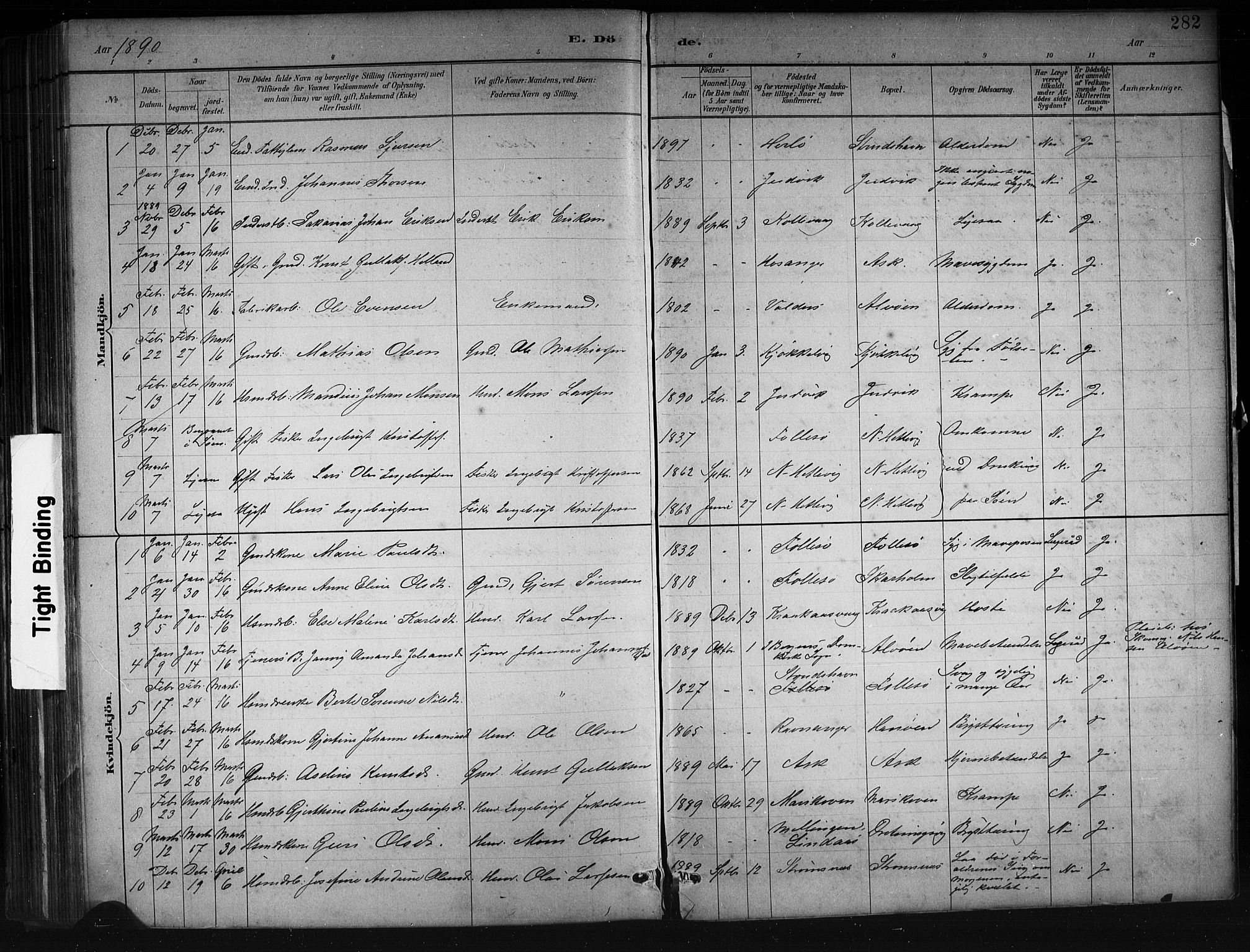Askøy Sokneprestembete, AV/SAB-A-74101/H/Ha/Hab/Haba/L0008: Klokkerbok nr. A 8, 1882-1893, s. 282