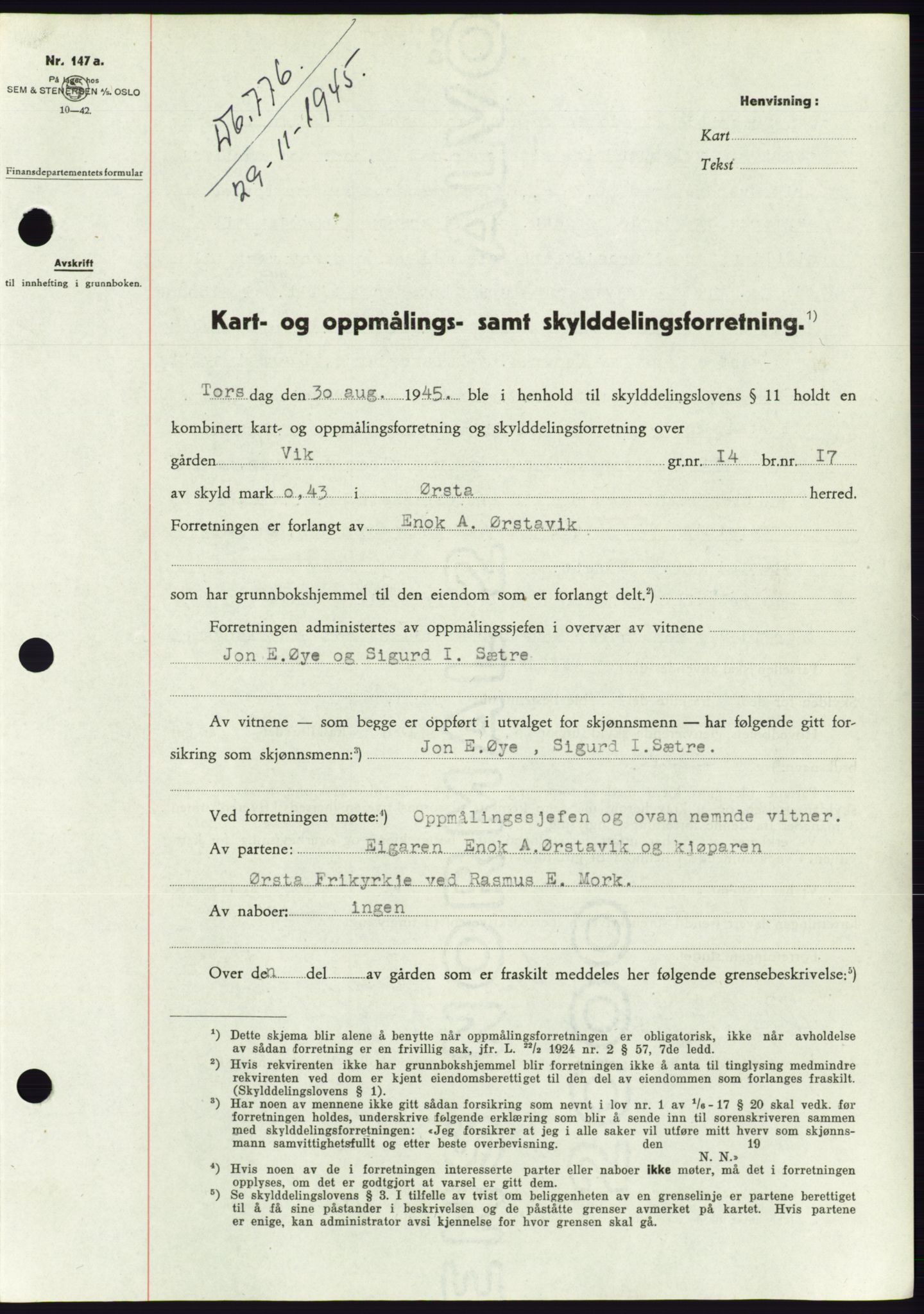 Søre Sunnmøre sorenskriveri, AV/SAT-A-4122/1/2/2C/L0077: Pantebok nr. 3A, 1945-1946, Dagboknr: 776/1945