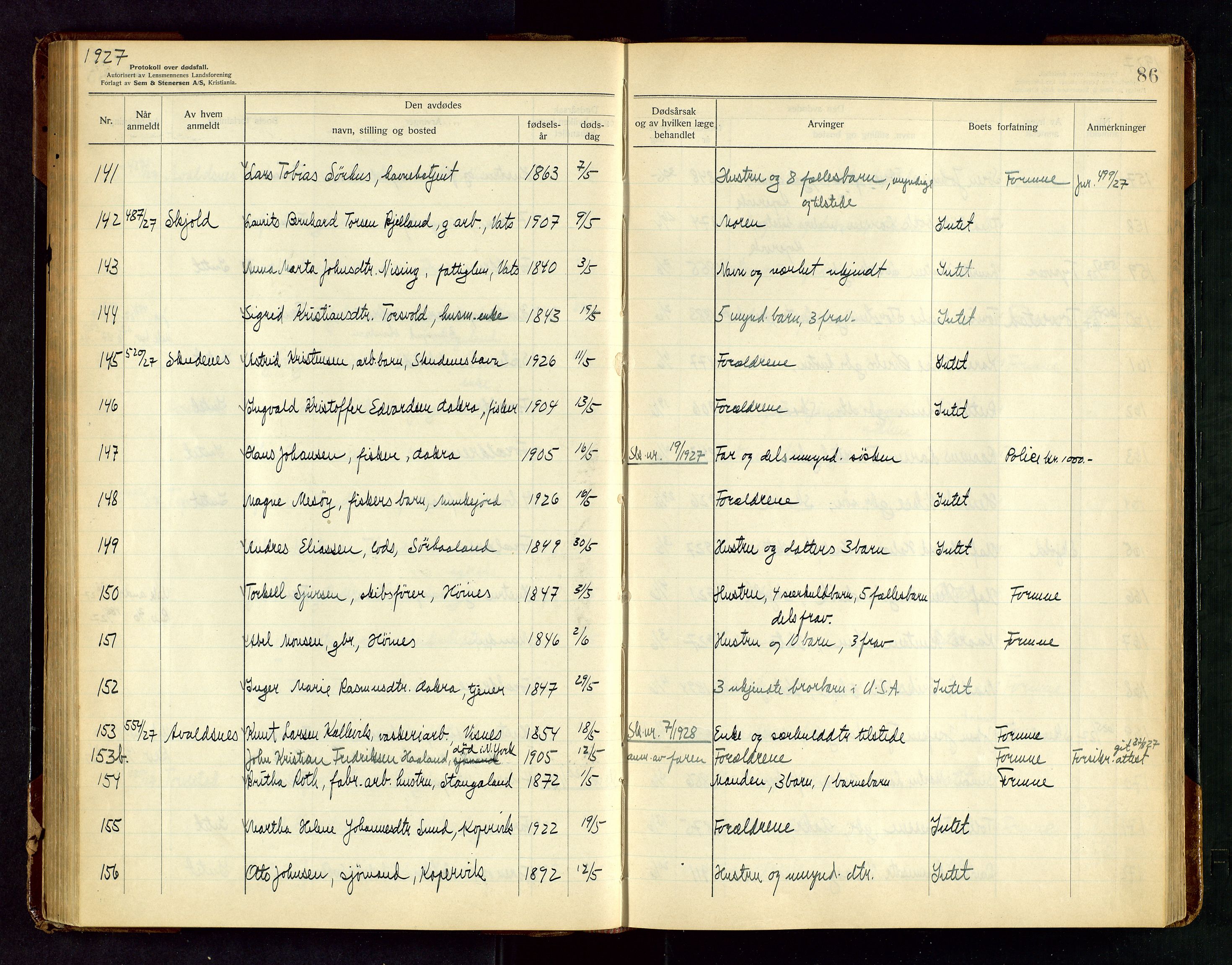 Karmsund sorenskriveri, AV/SAST-A-100311/01/IV/IVAB/L0005: DØDSFALLSPROTOKOLL, 1923-1933, s. 86