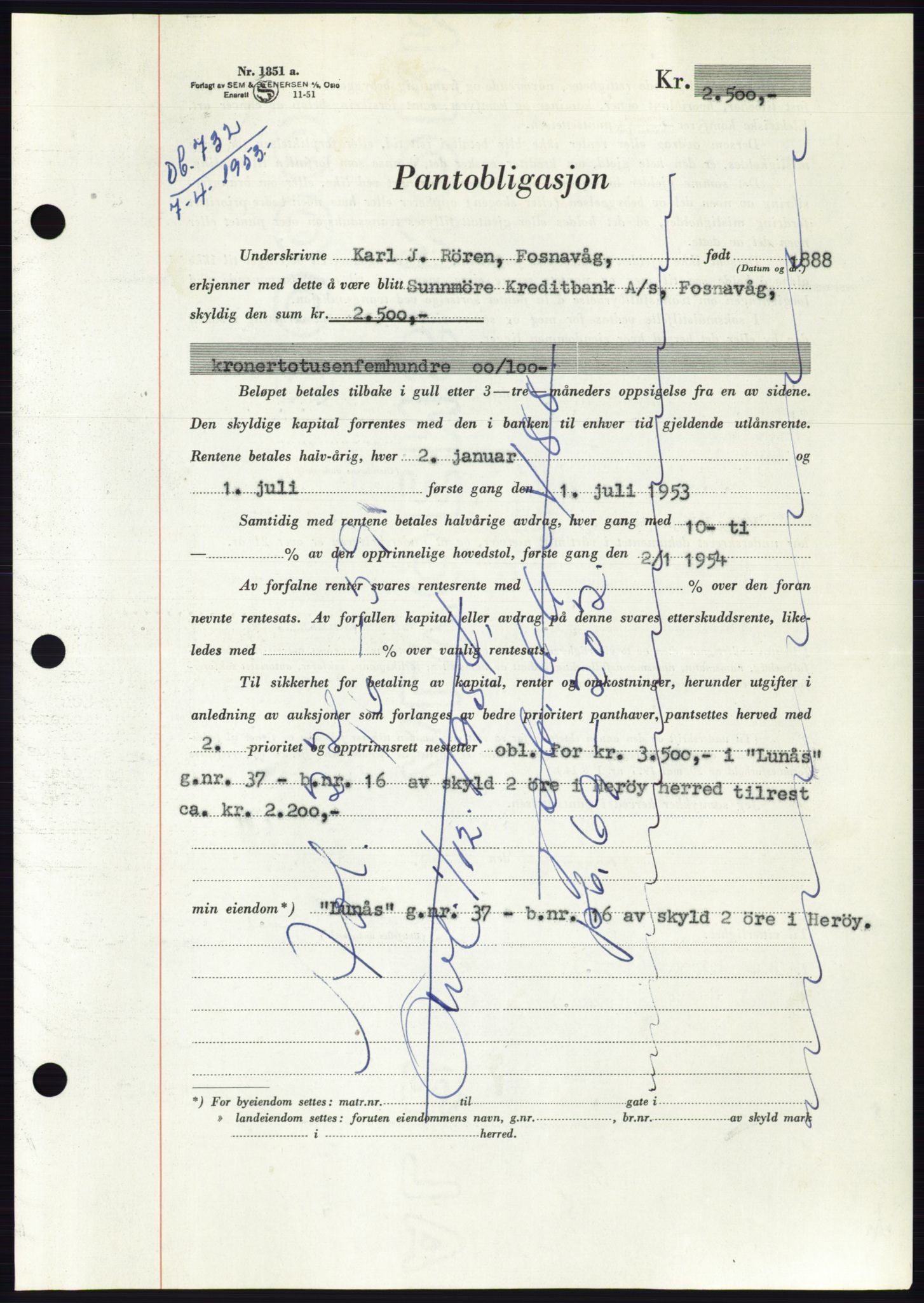 Søre Sunnmøre sorenskriveri, SAT/A-4122/1/2/2C/L0123: Pantebok nr. 11B, 1953-1953, Dagboknr: 732/1953