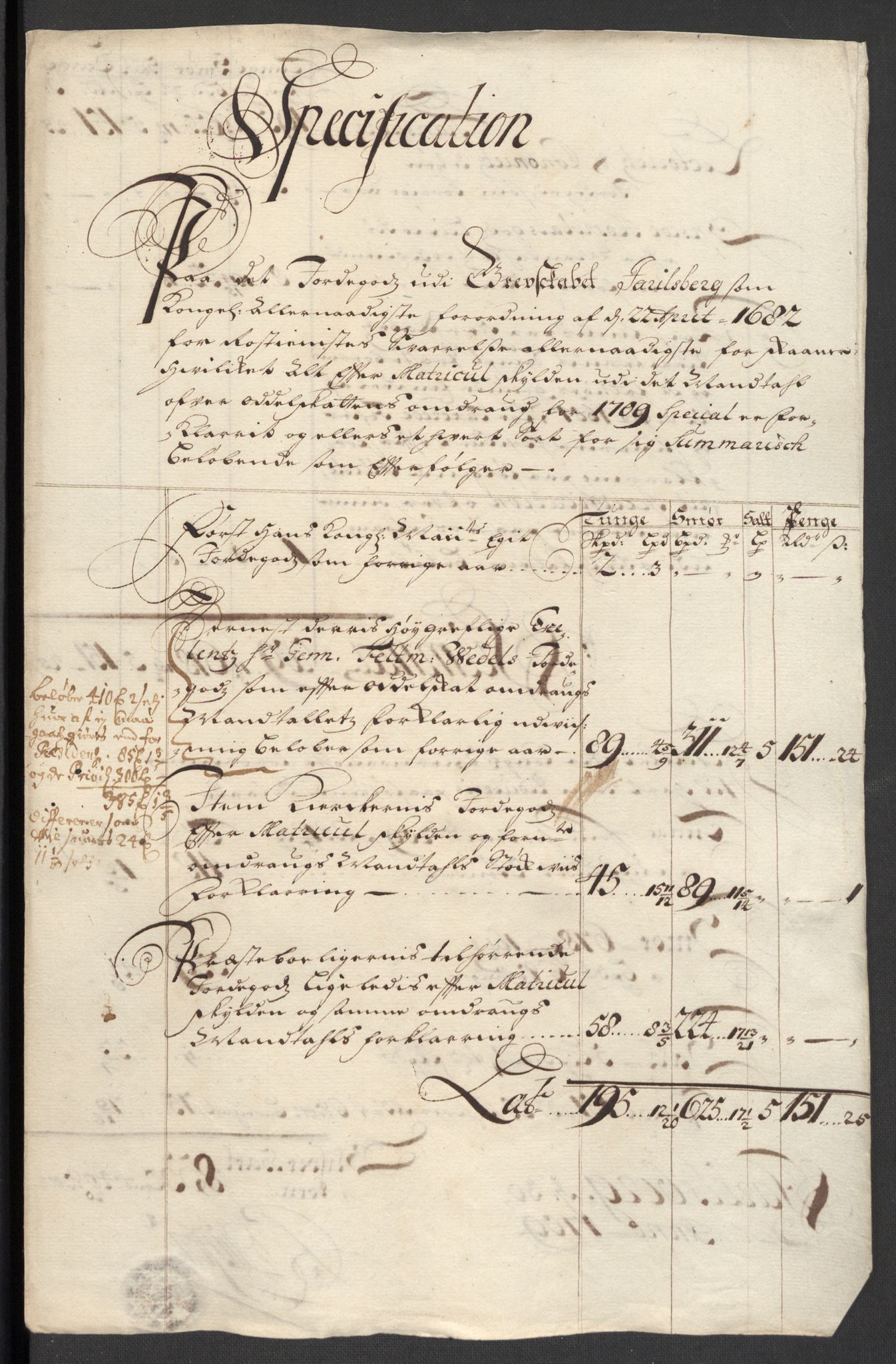 Rentekammeret inntil 1814, Reviderte regnskaper, Fogderegnskap, RA/EA-4092/R32/L1874: Fogderegnskap Jarlsberg grevskap, 1709, s. 125