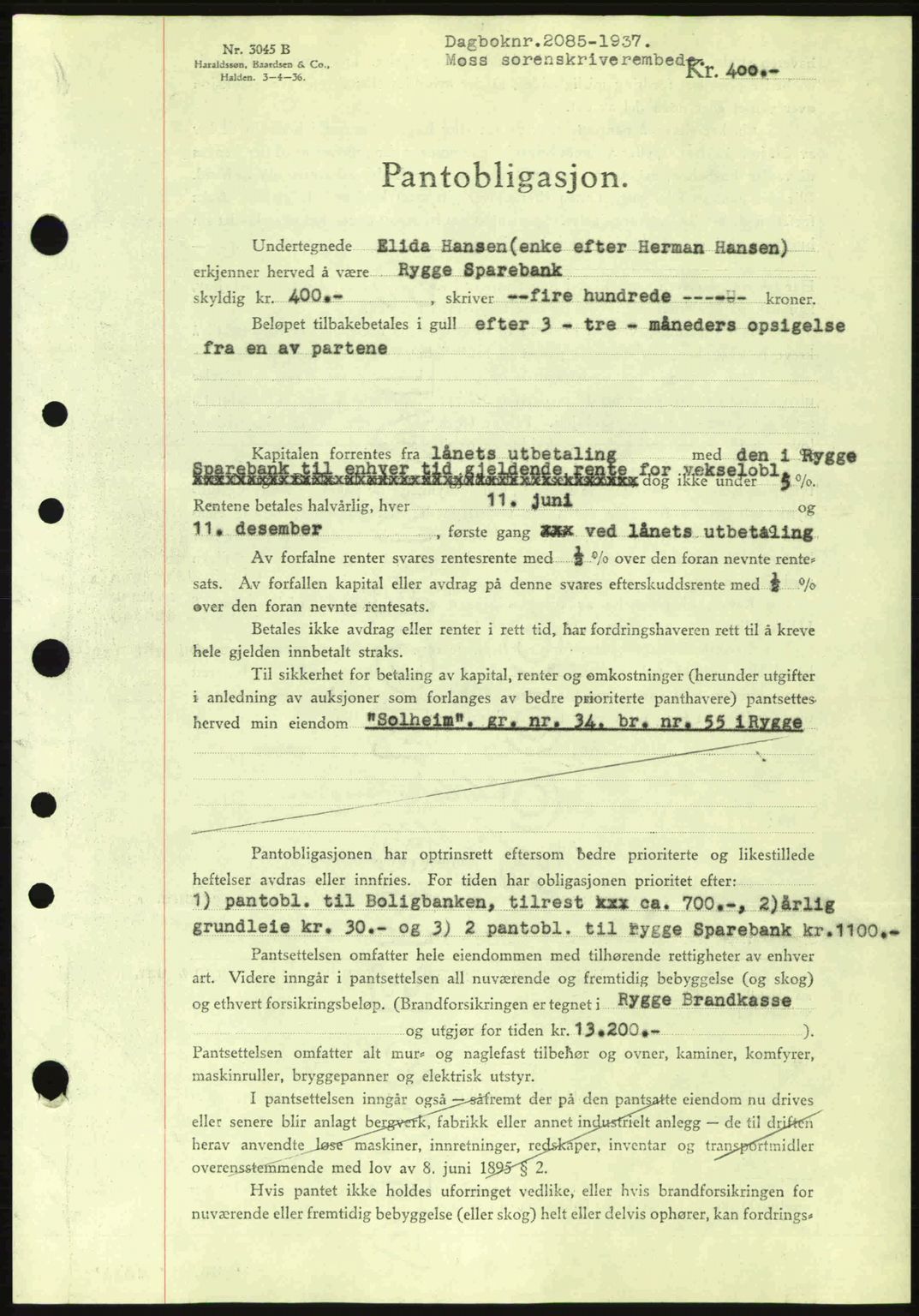 Moss sorenskriveri, SAO/A-10168: Pantebok nr. B4, 1937-1938, Dagboknr: 2085/1937